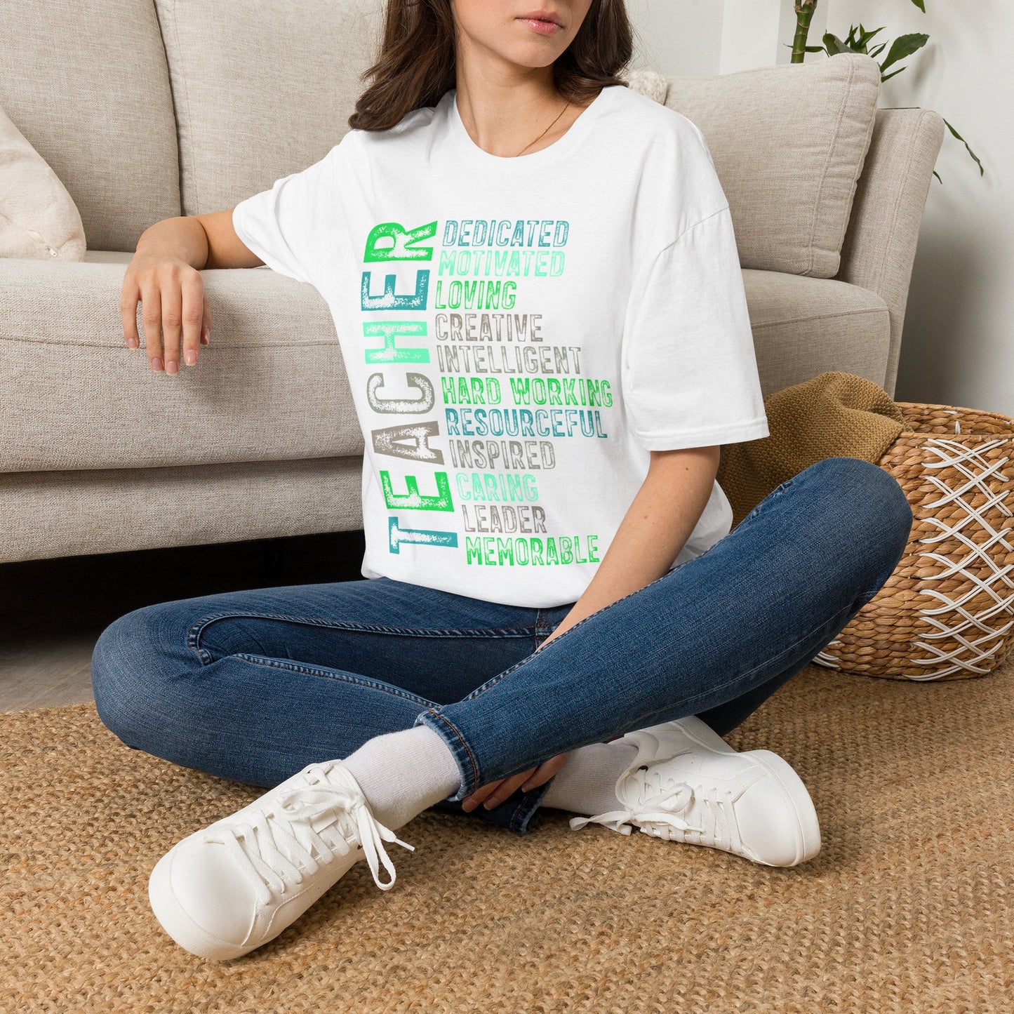 Green Teacher Vertical Traits T-Shirt — 'Teacher' with Dedicated, Motivated, Loving & Hard Working