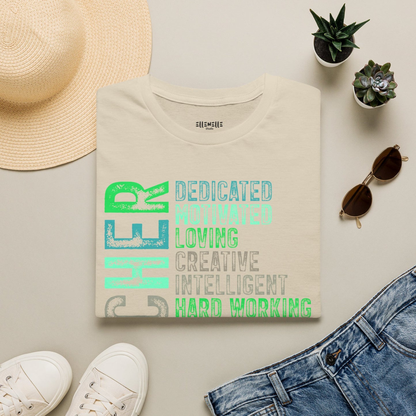 Green Teacher Vertical Traits T-Shirt — 'Teacher' with Dedicated, Motivated, Loving & Hard Working