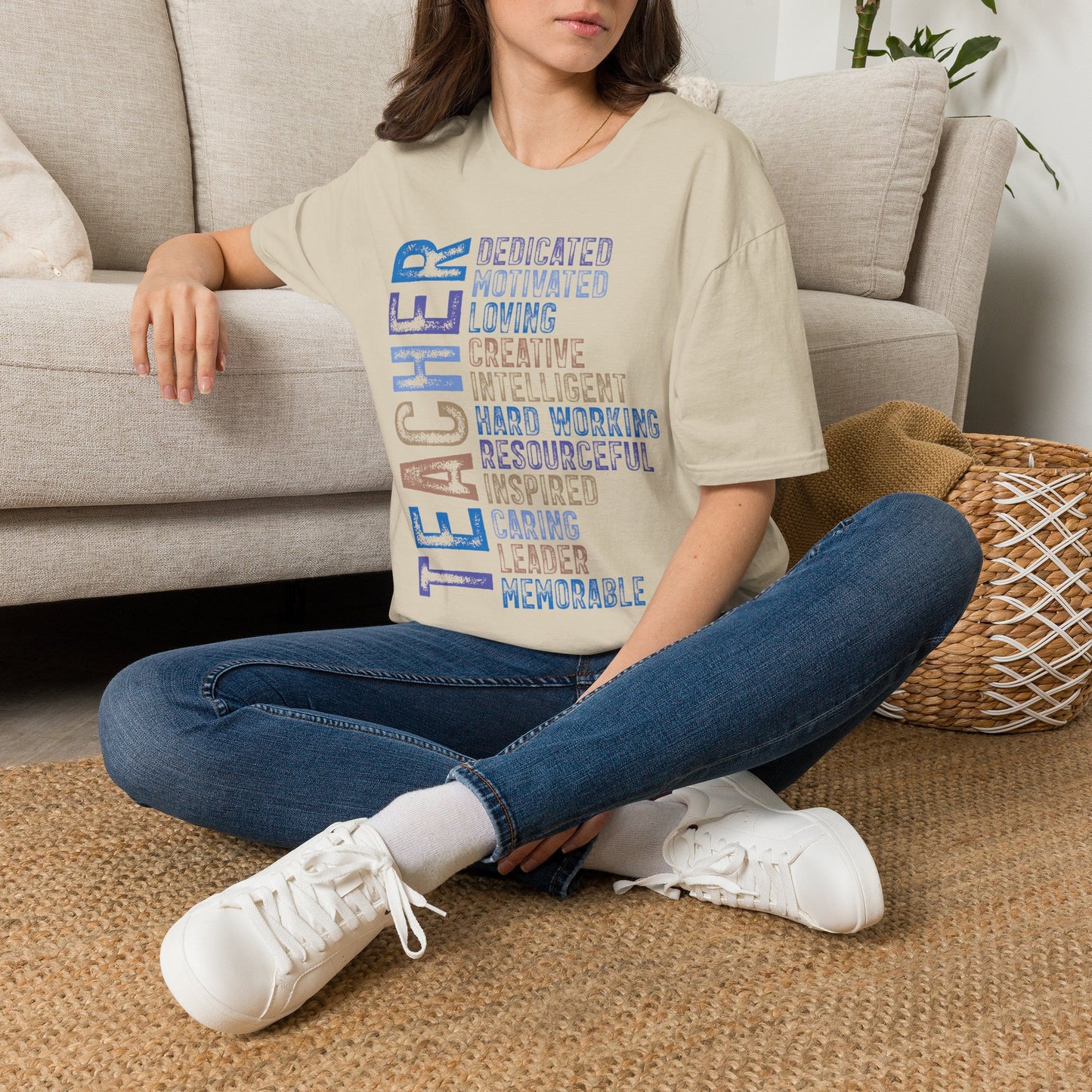 Blue Teacher Vertical Traits T-Shirt — 'Teacher' with Dedicated, Motivated, Loving & Hard Working