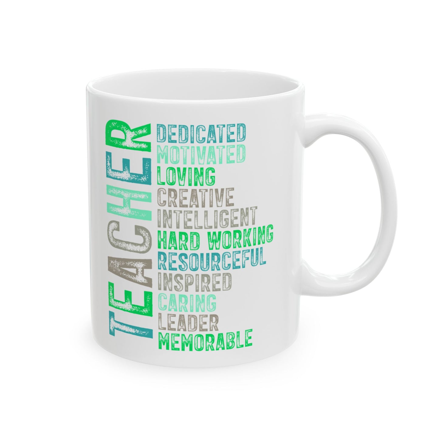 Green Teacher Ceramic Mug — "Teacher" Vertical Design, Appreciation Gift for Educators (11oz, 15oz)