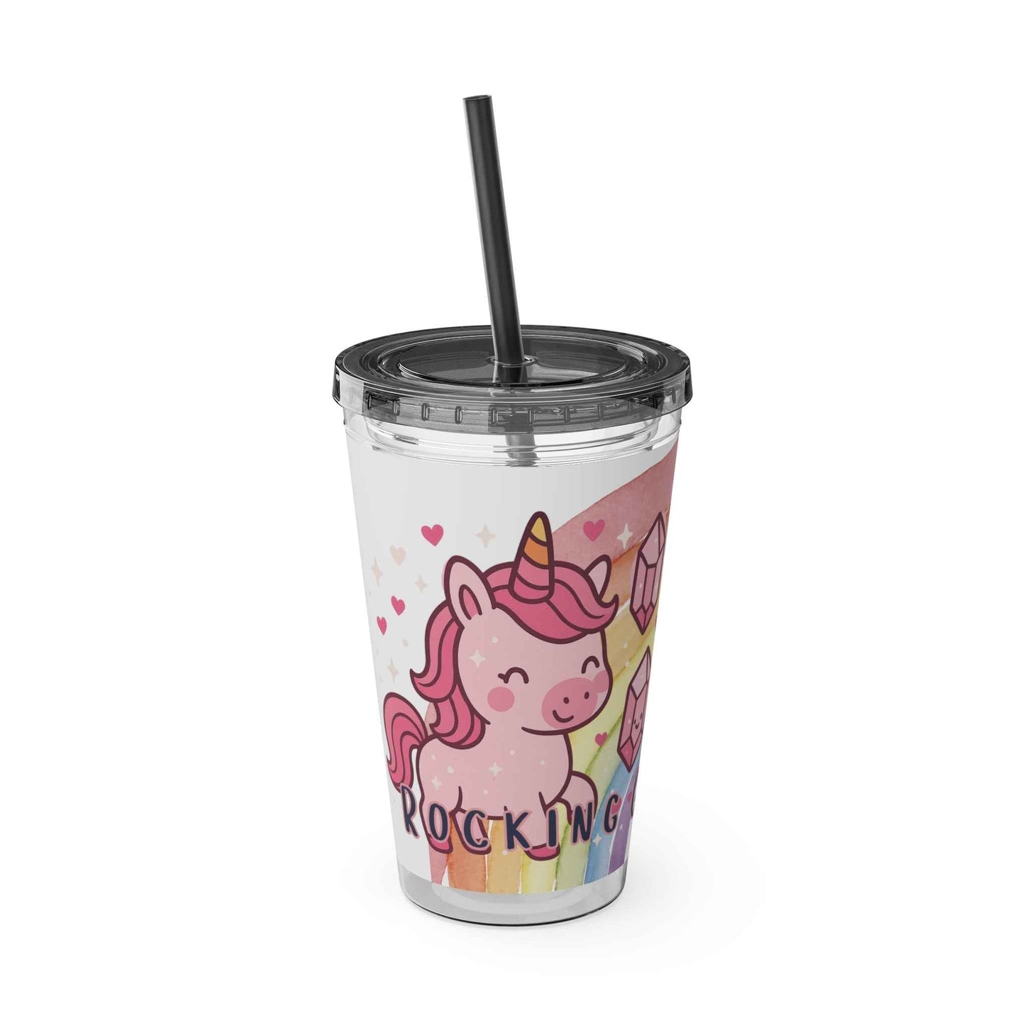 Tumbler Sunsplash Unicorn,  16oz Cup with Straw, Ideal for Kids, Rocking Good Vibes