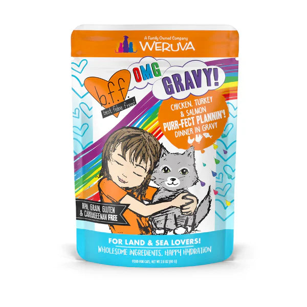 BFF OMG Adult Purr-fect Plannin' Chicken, Turkey, and Salmon Wet Cat Pouch (2.8oz)