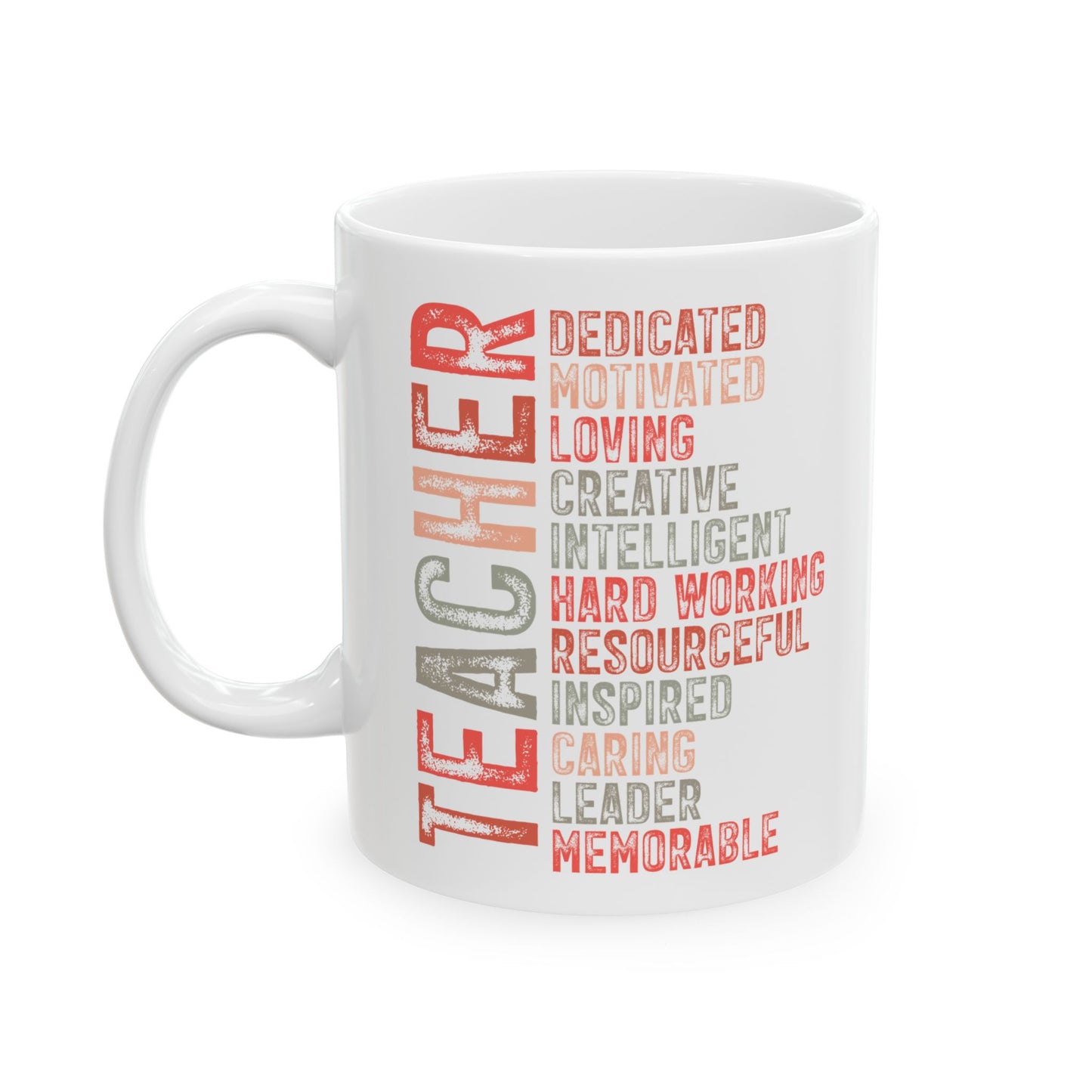 Red Teacher Ceramic Mug — "Teacher" Vertical Design, Appreciation Gift for Educators (11oz, 15oz)