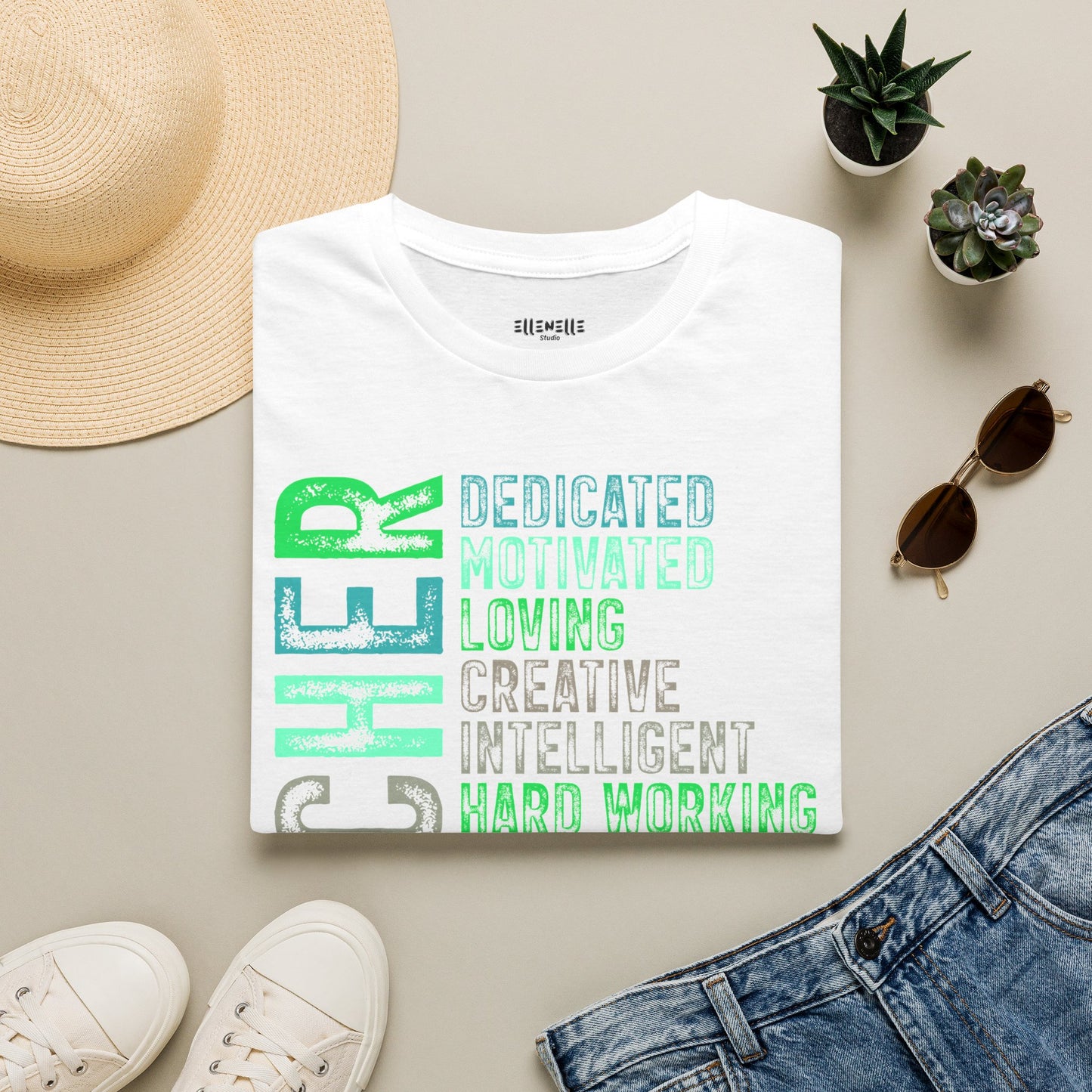 Green Teacher Vertical Traits T-Shirt — 'Teacher' with Dedicated, Motivated, Loving & Hard Working
