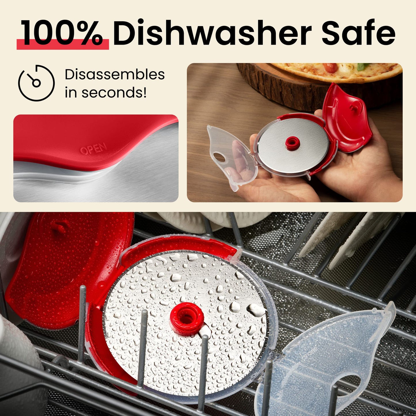 Kitchy Pizza Cutter Wheel w/ Protective Blade Cover, Ergonomic Pizza Slicer, Red
