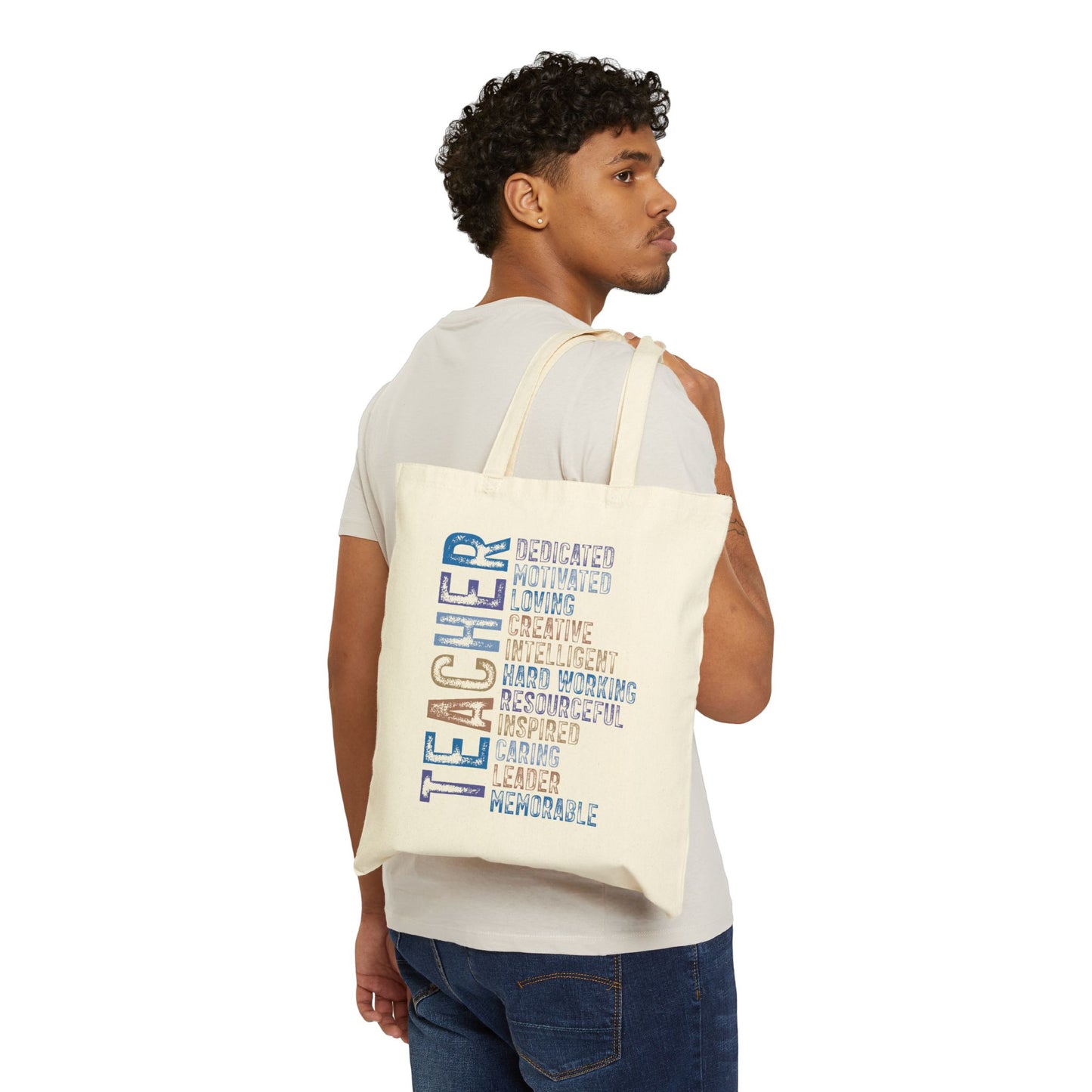 Blue Teacher Canvas Tote Bag — Inspirational Teacher Gifts, Dedicated & Hardworking Design