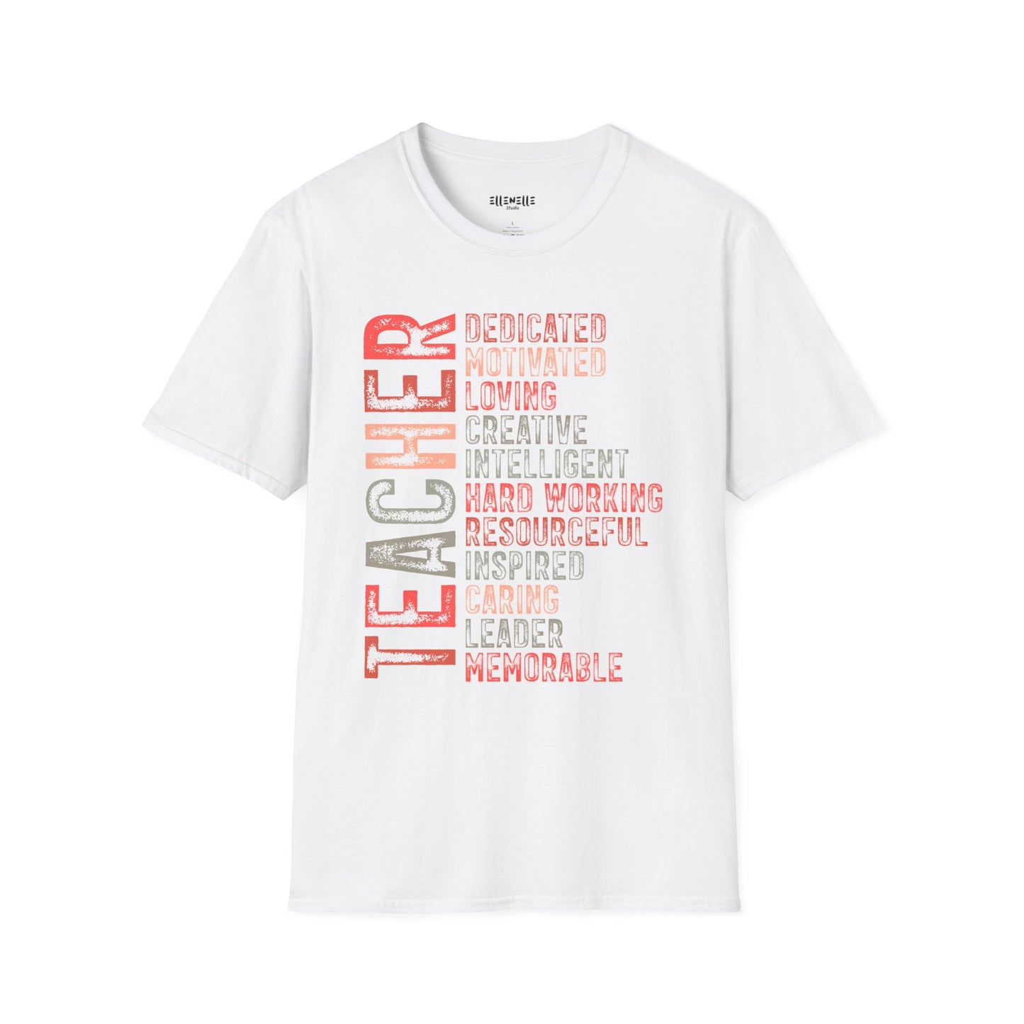 Red Teacher Vertical Traits T-Shirt — 'Teacher' with Dedicated, Motivated, Loving & Hard Working