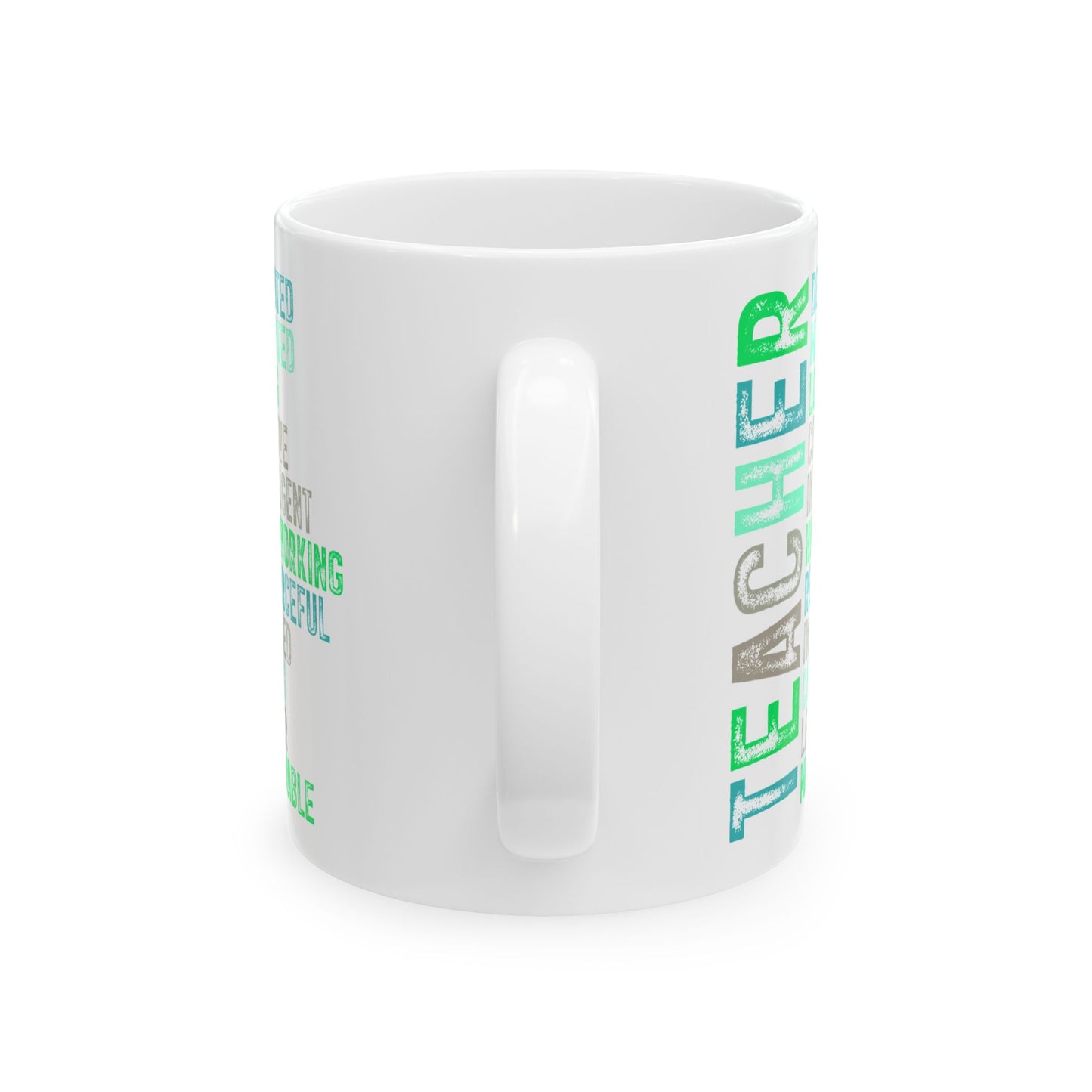 Green Teacher Ceramic Mug — "Teacher" Vertical Design, Appreciation Gift for Educators (11oz, 15oz)