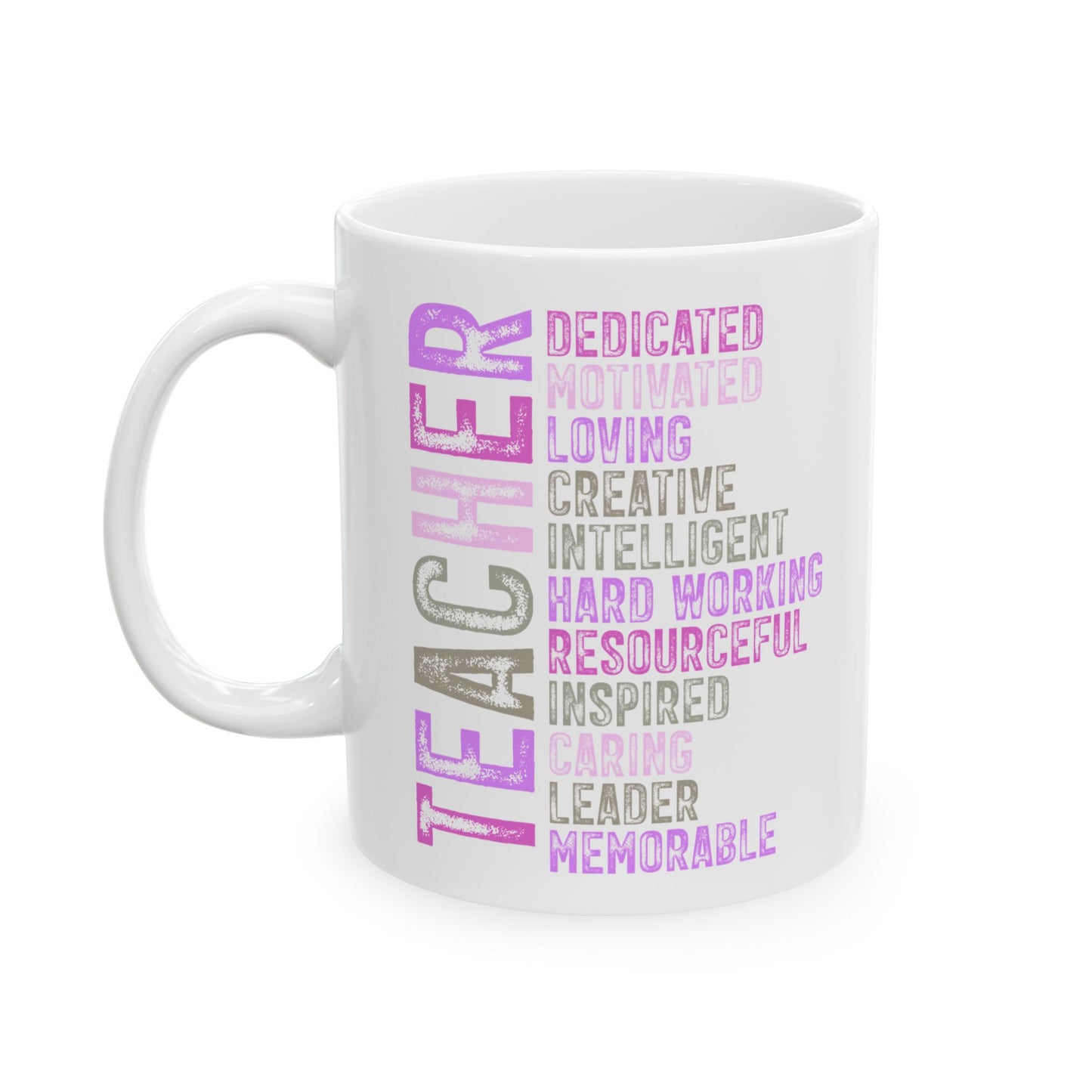 Purple Teacher Ceramic Mug — "Teacher" Vertical Design, Appreciation Gift for Educators (11oz, 15oz)