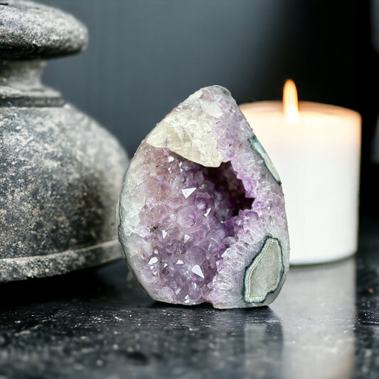 Amethyst flame with calcite