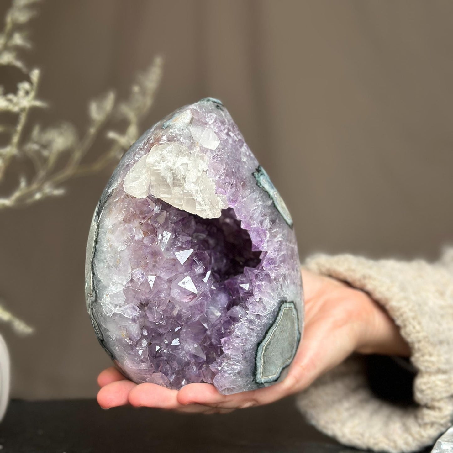 Amethyst flame with calcite