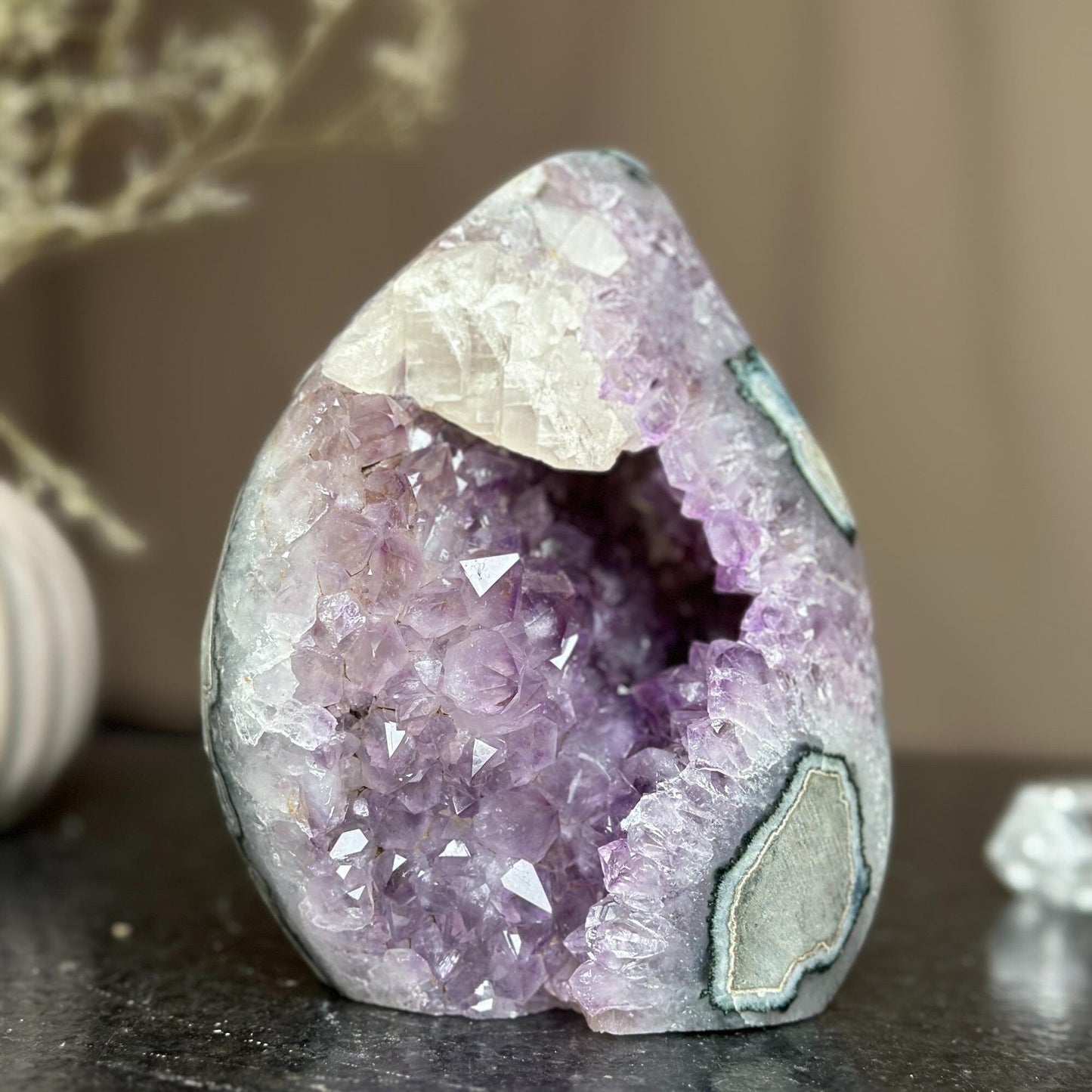 Amethyst flame with calcite