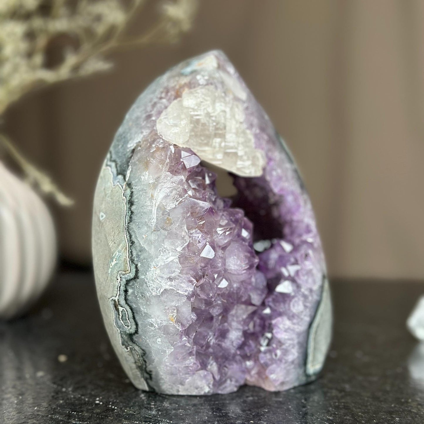 Amethyst flame with calcite