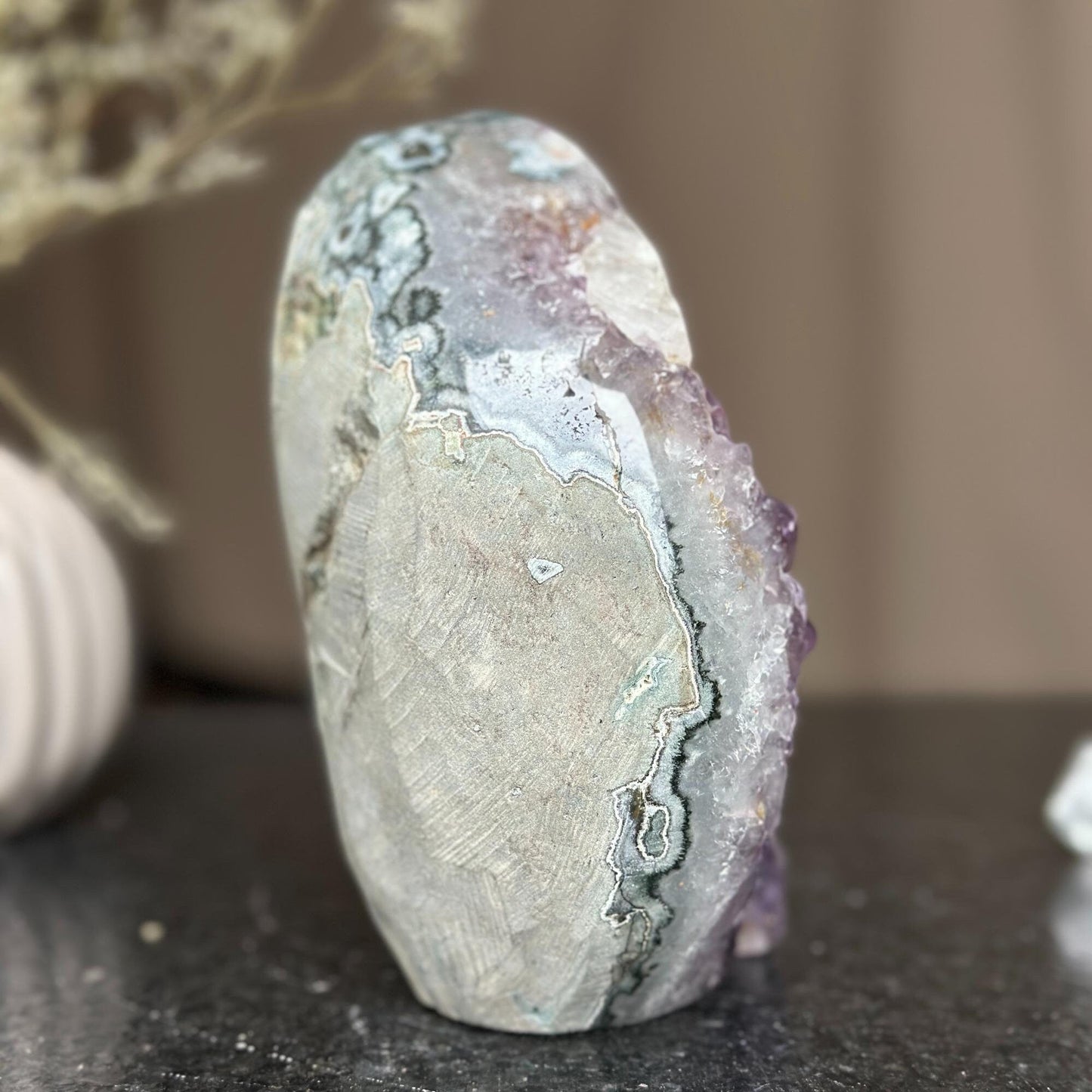 Amethyst flame with calcite