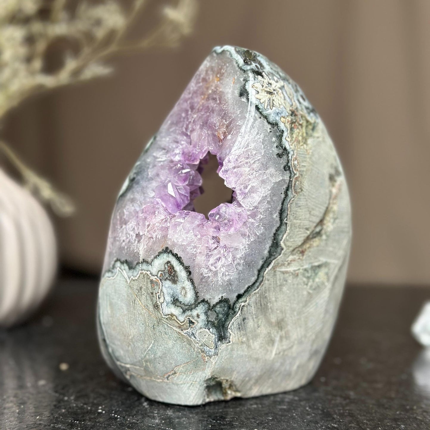 Amethyst flame with calcite