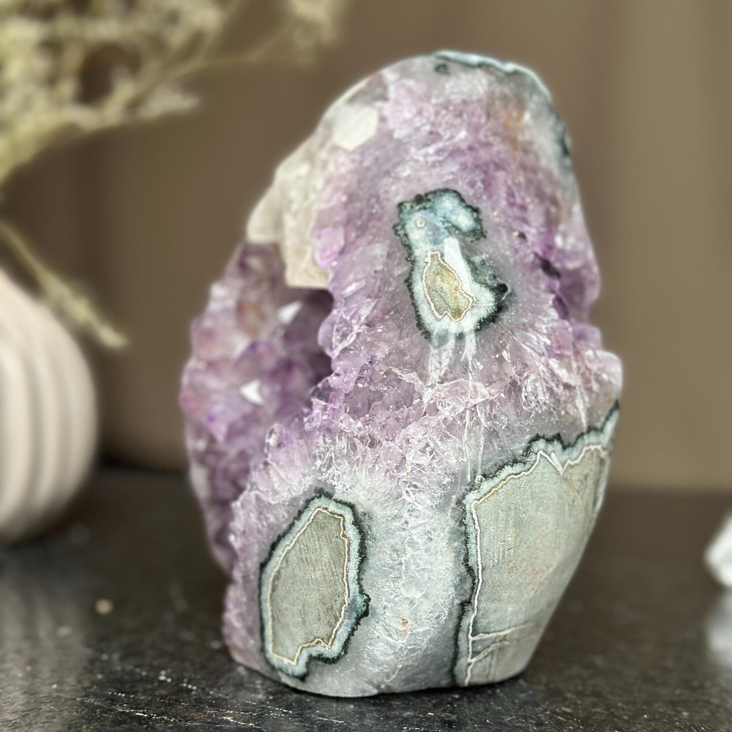 Amethyst flame with calcite