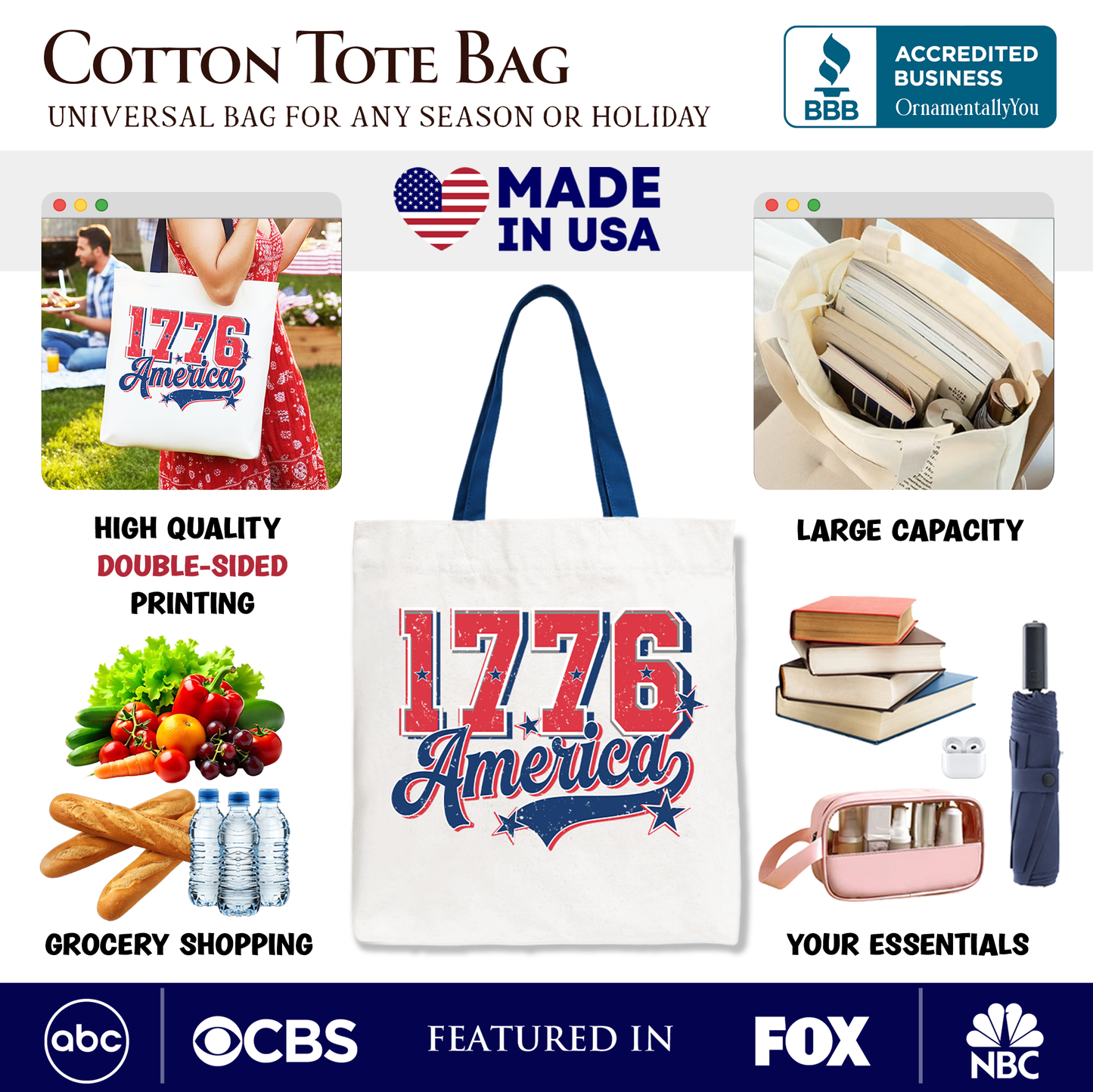 1776 America Vintage Tote Bag, Patriotic Retro USA Freedom 4th of July Gift Shopper
