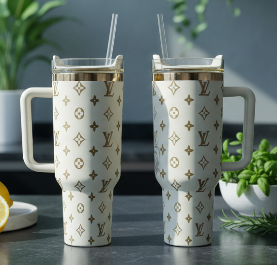 40oz Creme & Gold Laser Engraved Stainless Steel Tumbler