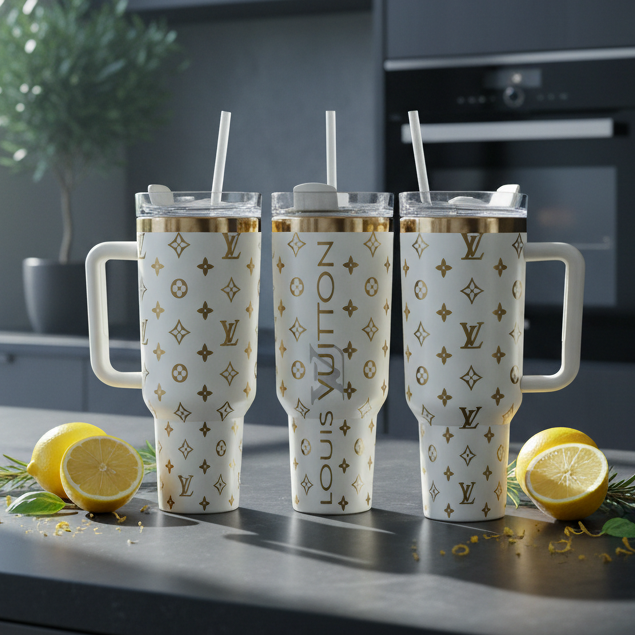 40oz Creme & Gold Laser Engraved Stainless Steel Tumbler