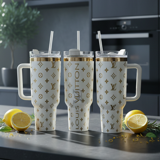 40oz Creme & Gold Laser Engraved Stainless Steel Tumbler