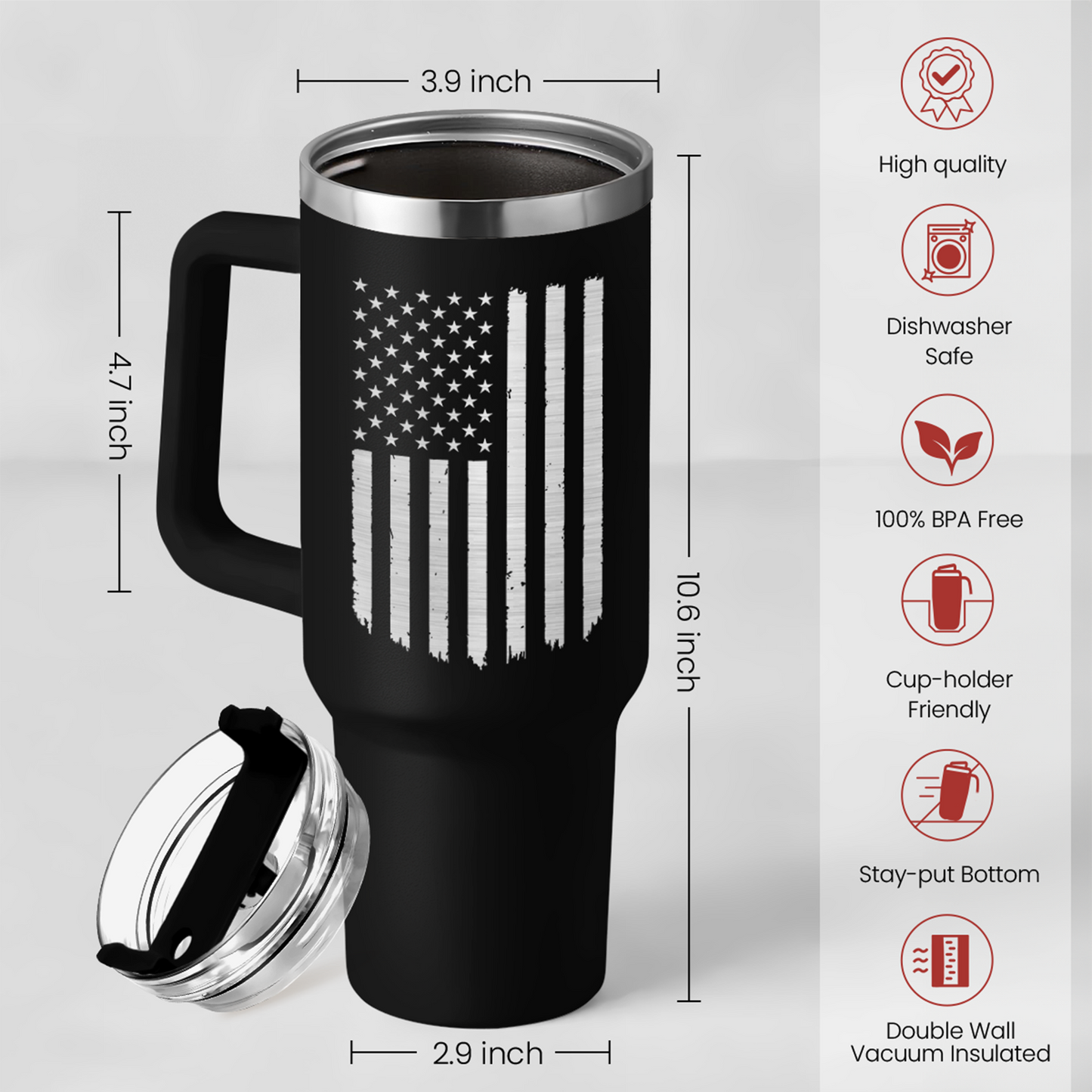 Black American Flag Quencher Tumbler with Handle 40oz