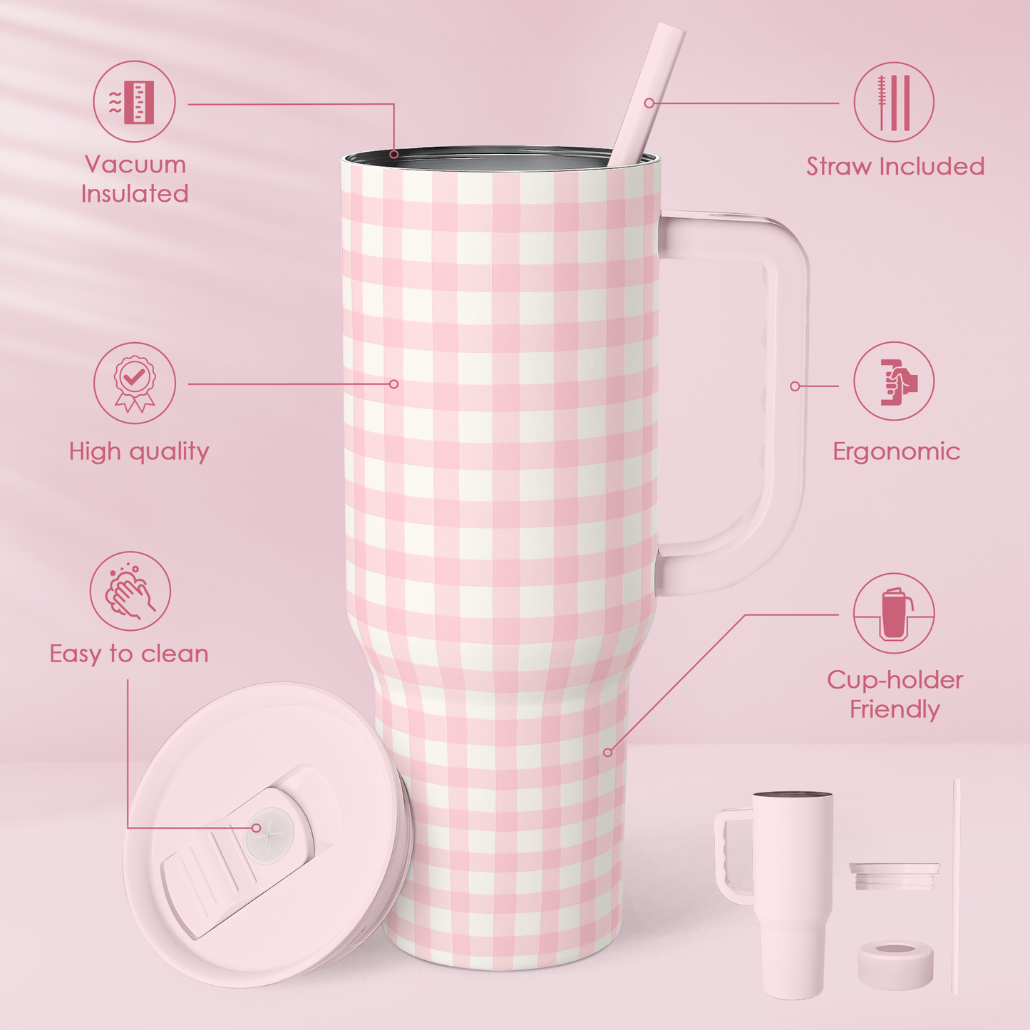 Pink Gingham Slidemate | Slider Tumbler with Handle 40oz