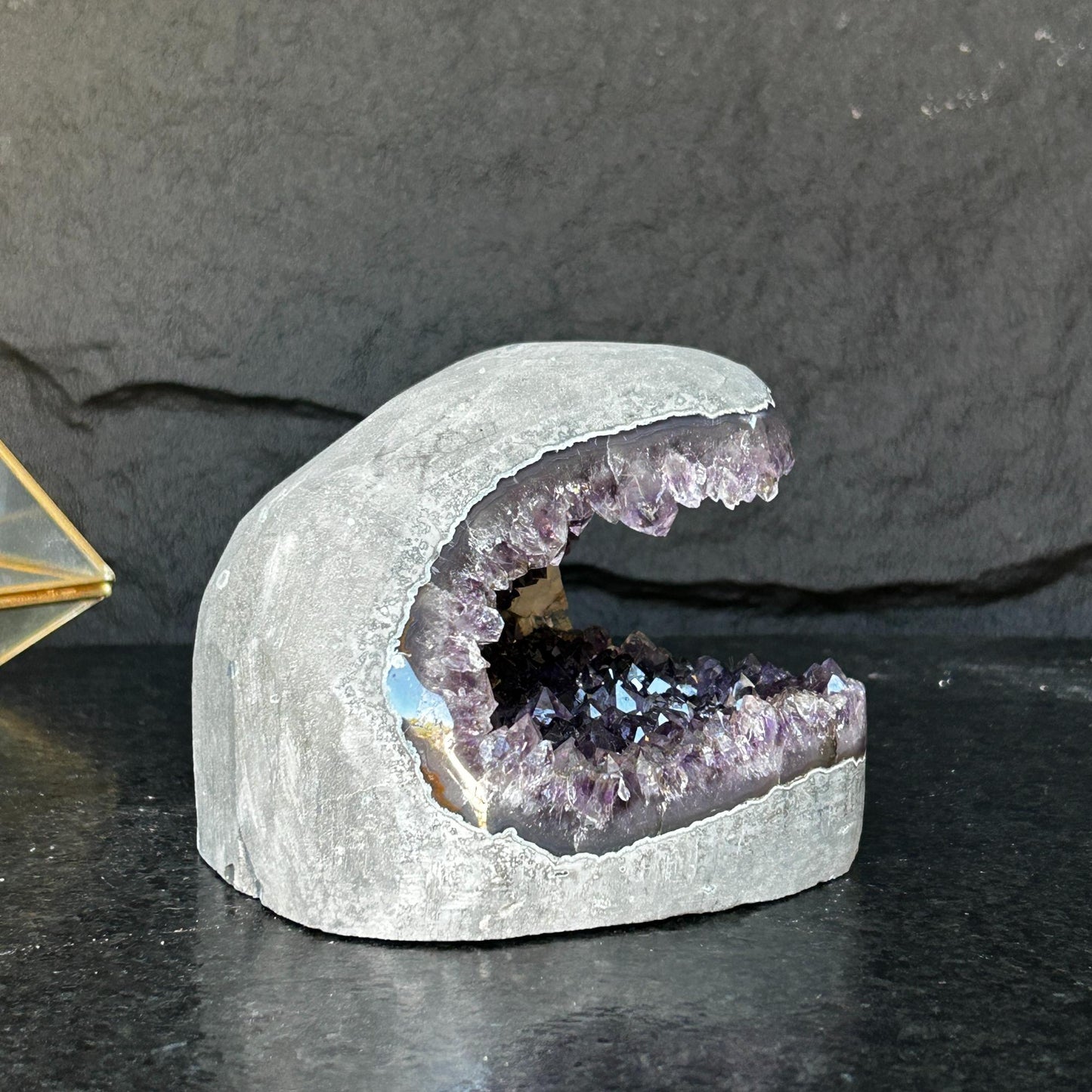 Flat Natural Amethyst Geode Centerpiece With Agate Layers