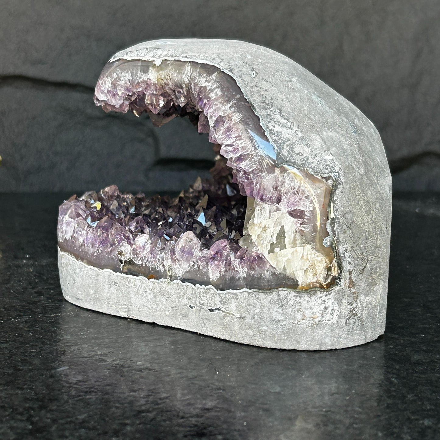 Flat Natural Amethyst Geode Centerpiece With Agate Layers