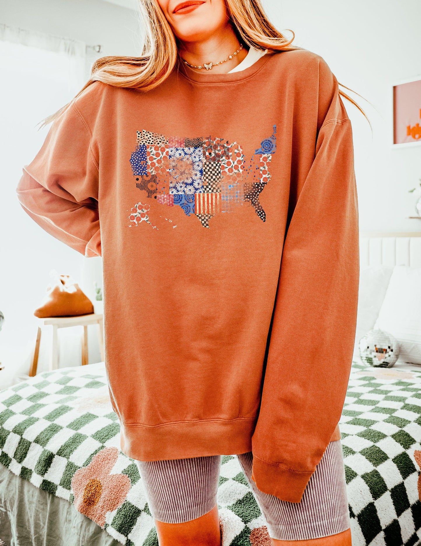 Floral United States Flag Great America Garment Dyed Comfort Colors Sweatshirt