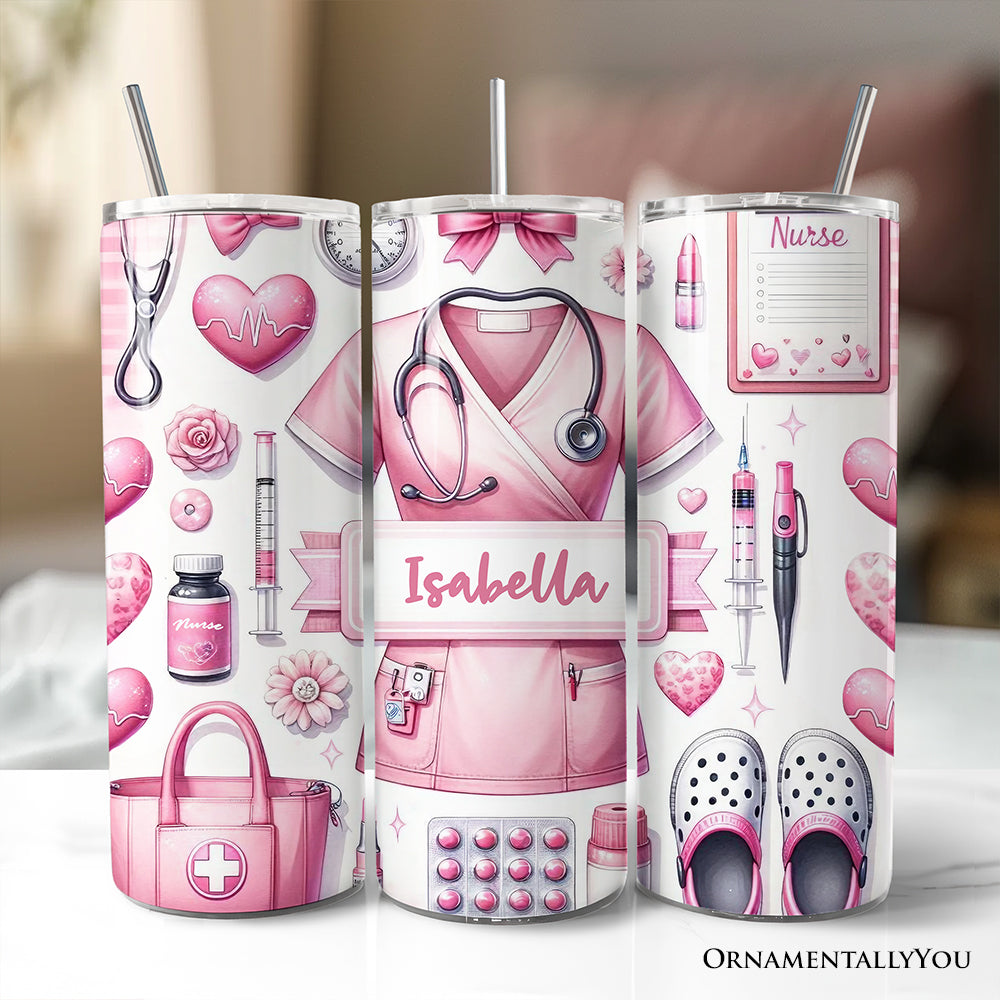Pink Nurse Life 20oz Personalized Tumbler With Lid and Stainless Steel Straw, Medical Worker Appreciation Gift Cup