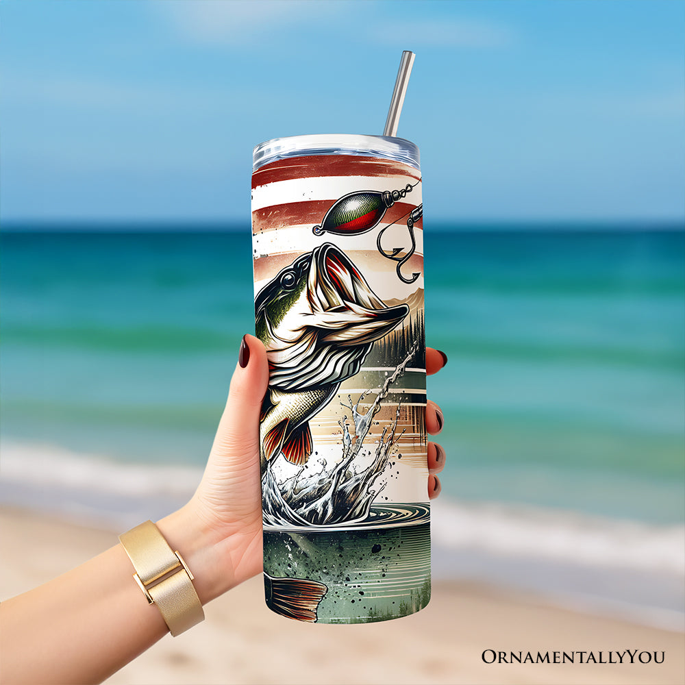 Patriotic Bass Fishing 20oz Personalized Tumbler With Lid and Stainless Steel Straw, Retro Angler Gift Cup