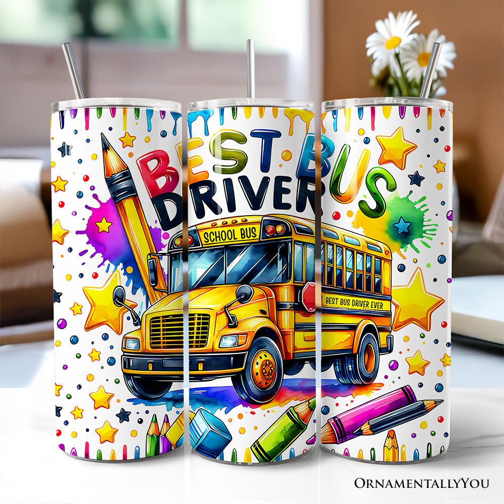 Colorful Best Bus Driver 20oz Personalized Tumbler With Lid and Stainless Steel Straw, School Staff Appreciation Gift Cup