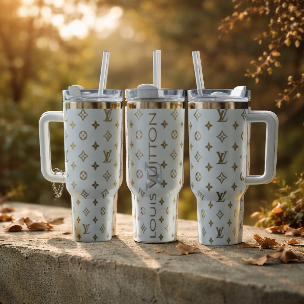 40oz Creme & Gold Laser Engraved Stainless Steel Tumbler