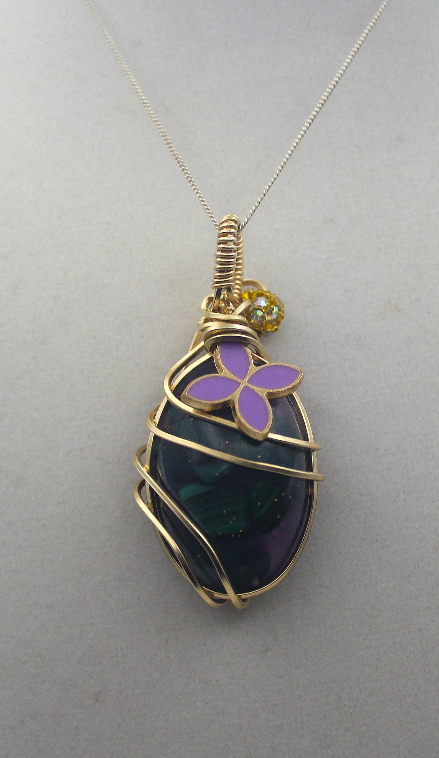 Gold Charmed Malachite Resin Flower Pendant Necklace – 14k Gold-Filled Wire Wrapped with Lavender Flower Accent
