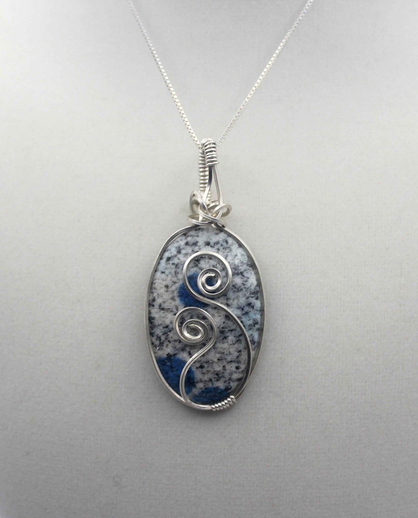 Silver Argentium K2 "Blueberry" Jasper Pendant Necklace – Blue Granite Stone, Crown & Third Eye Clarity