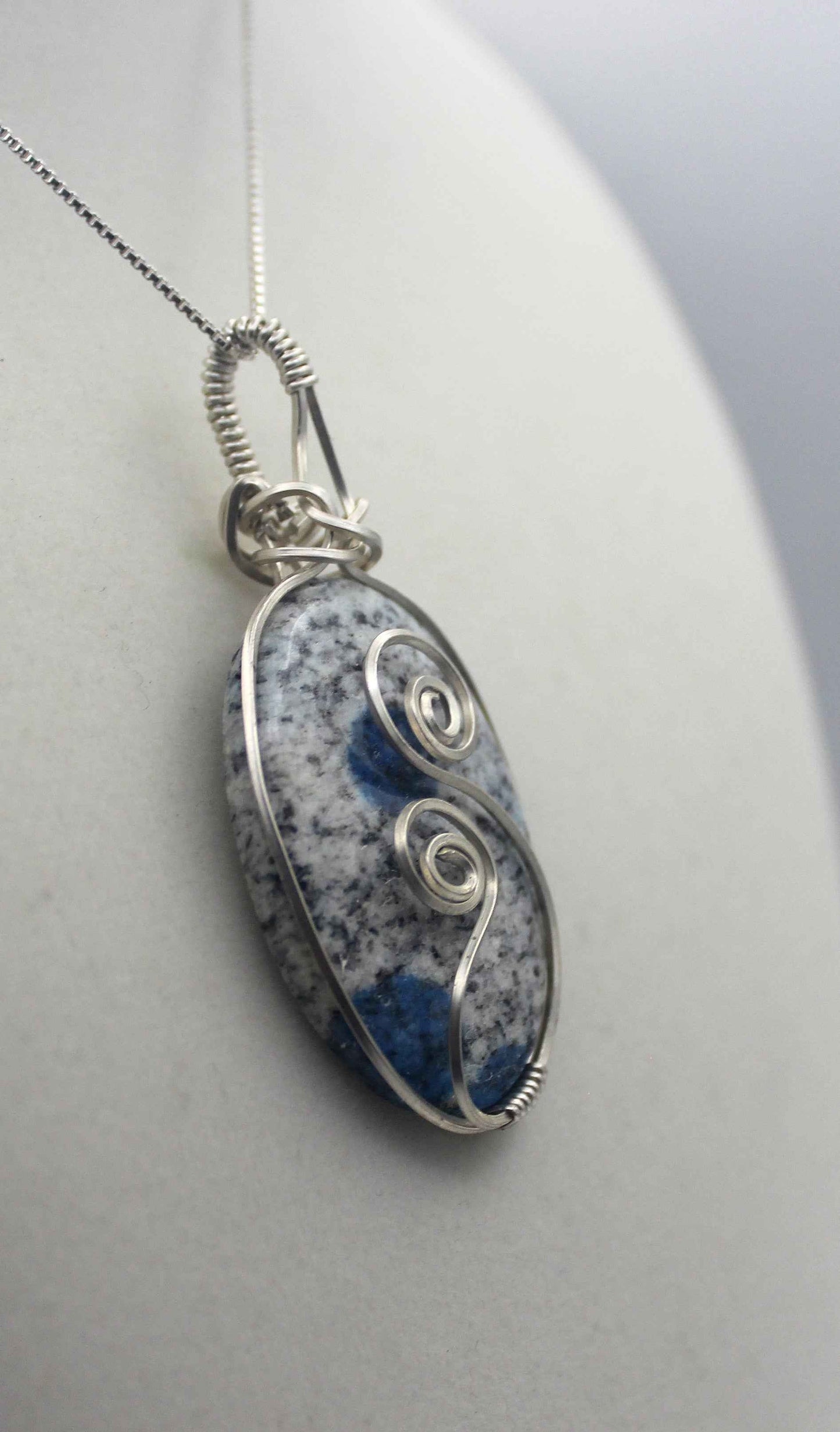 Silver Argentium K2 "Blueberry" Jasper Pendant Necklace – Blue Granite Stone, Crown & Third Eye Clarity
