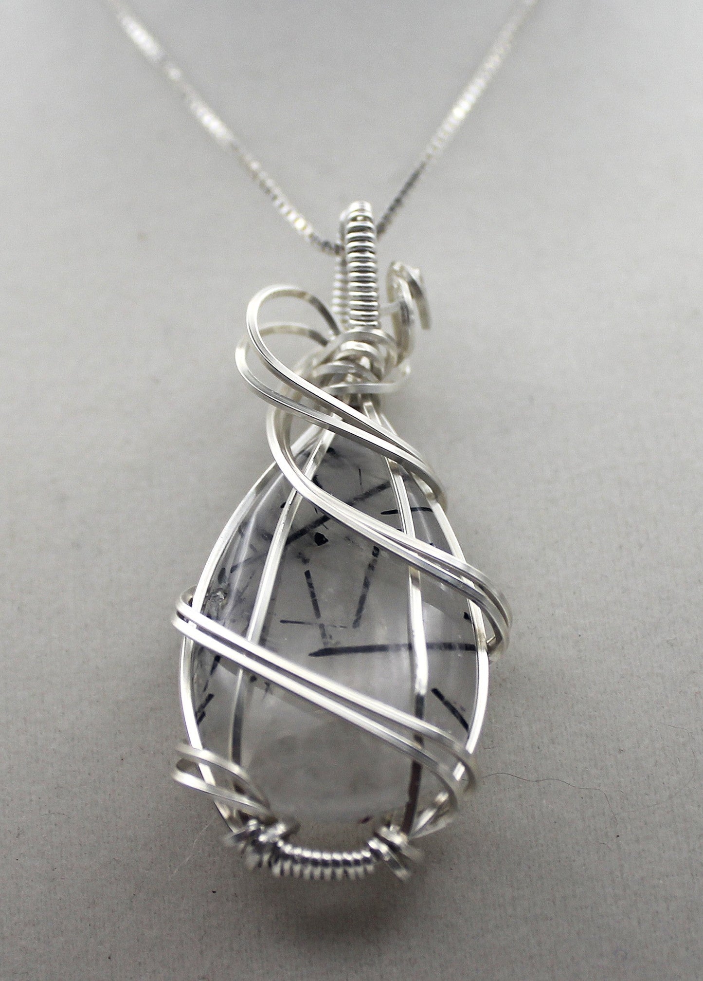 Silver Argentium Black Rutilated Quartz Teardrop Pendant Necklace – Natural Tourmalinated Quartz, Protection & Grounding