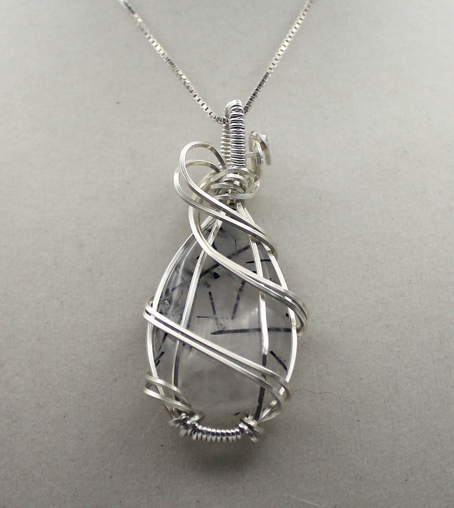Silver Argentium Black Rutilated Quartz Teardrop Pendant Necklace – Natural Tourmalinated Quartz, Protection & Grounding
