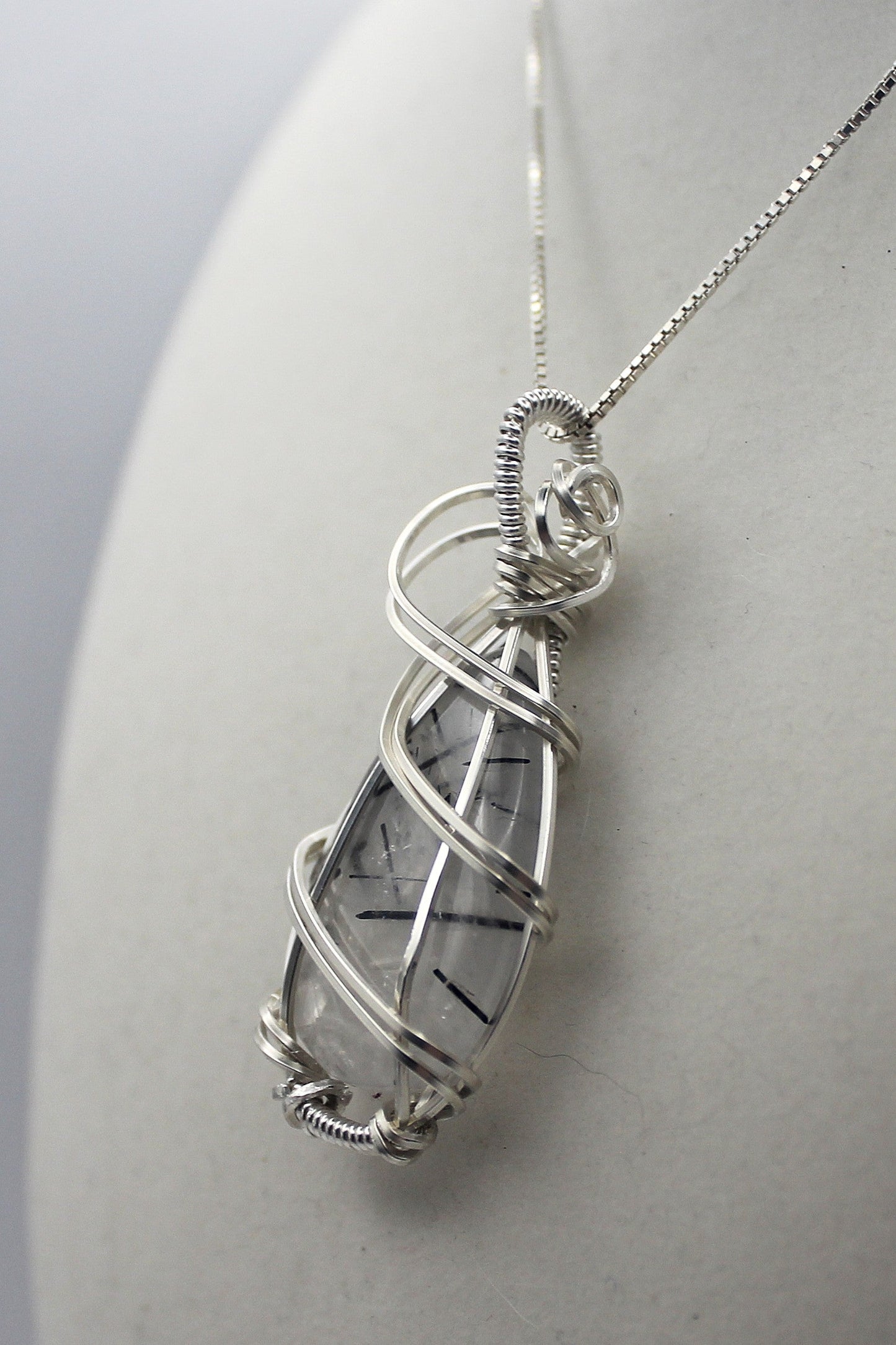 Silver Argentium Black Rutilated Quartz Teardrop Pendant Necklace – Natural Tourmalinated Quartz, Protection & Grounding