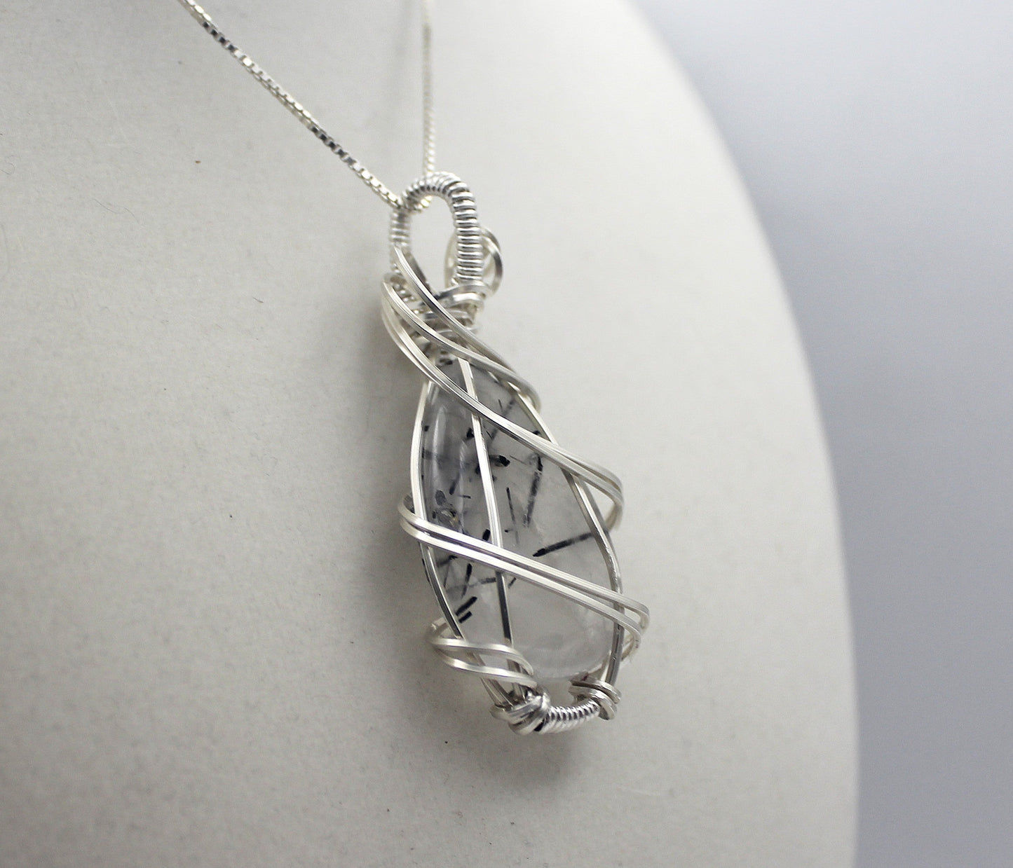 Silver Argentium Black Rutilated Quartz Teardrop Pendant Necklace – Natural Tourmalinated Quartz, Protection & Grounding
