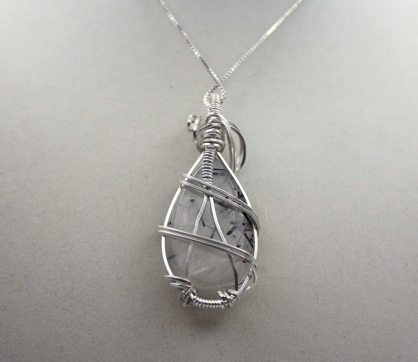 Silver Argentium Black Rutilated Quartz Teardrop Pendant Necklace – Natural Tourmalinated Quartz, Protection & Grounding