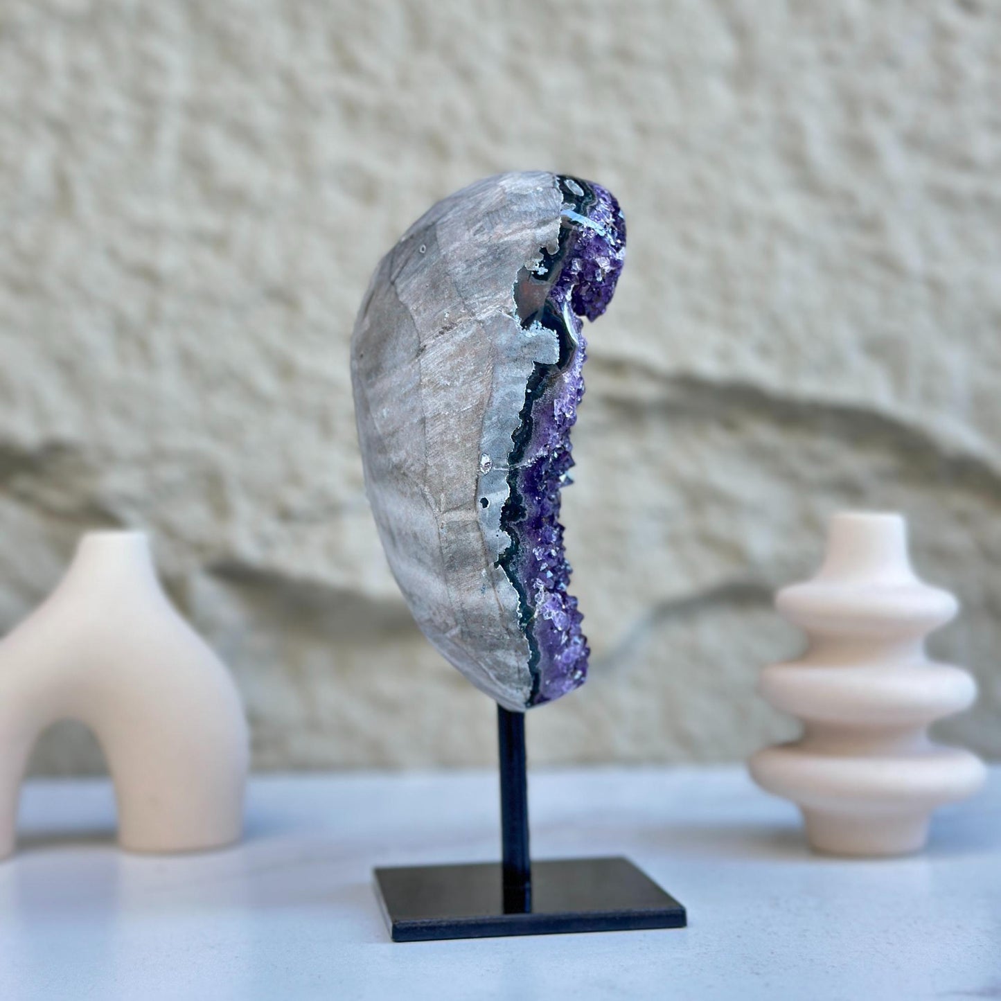 Large Deep Purple Amethyst Geode Crystal on Modern Stand