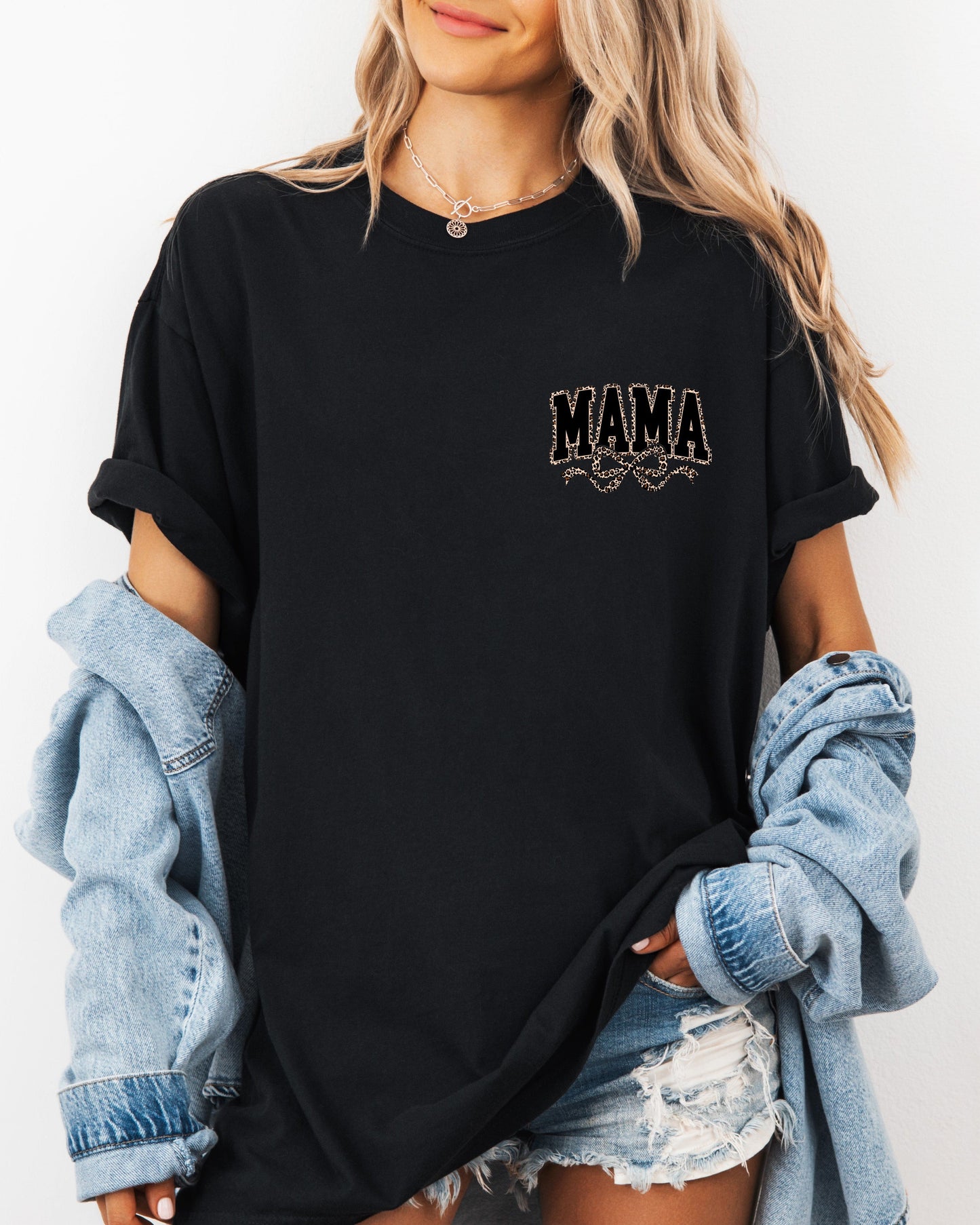 Mama Leopard Ribbon Comfort Colors T Shirt (Left Chest)