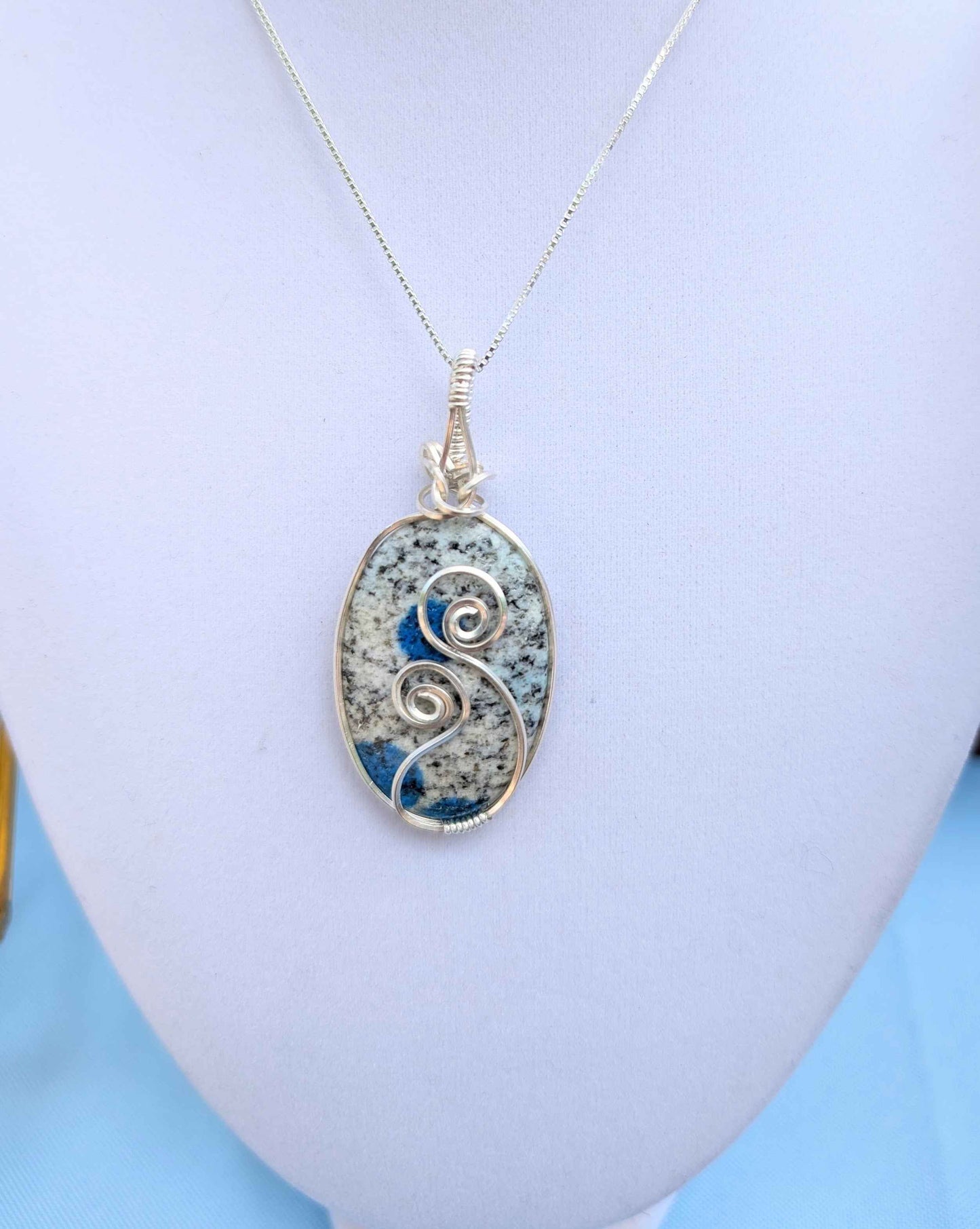 Silver Argentium K2 "Blueberry" Jasper Pendant Necklace – Blue Granite Stone, Crown & Third Eye Clarity