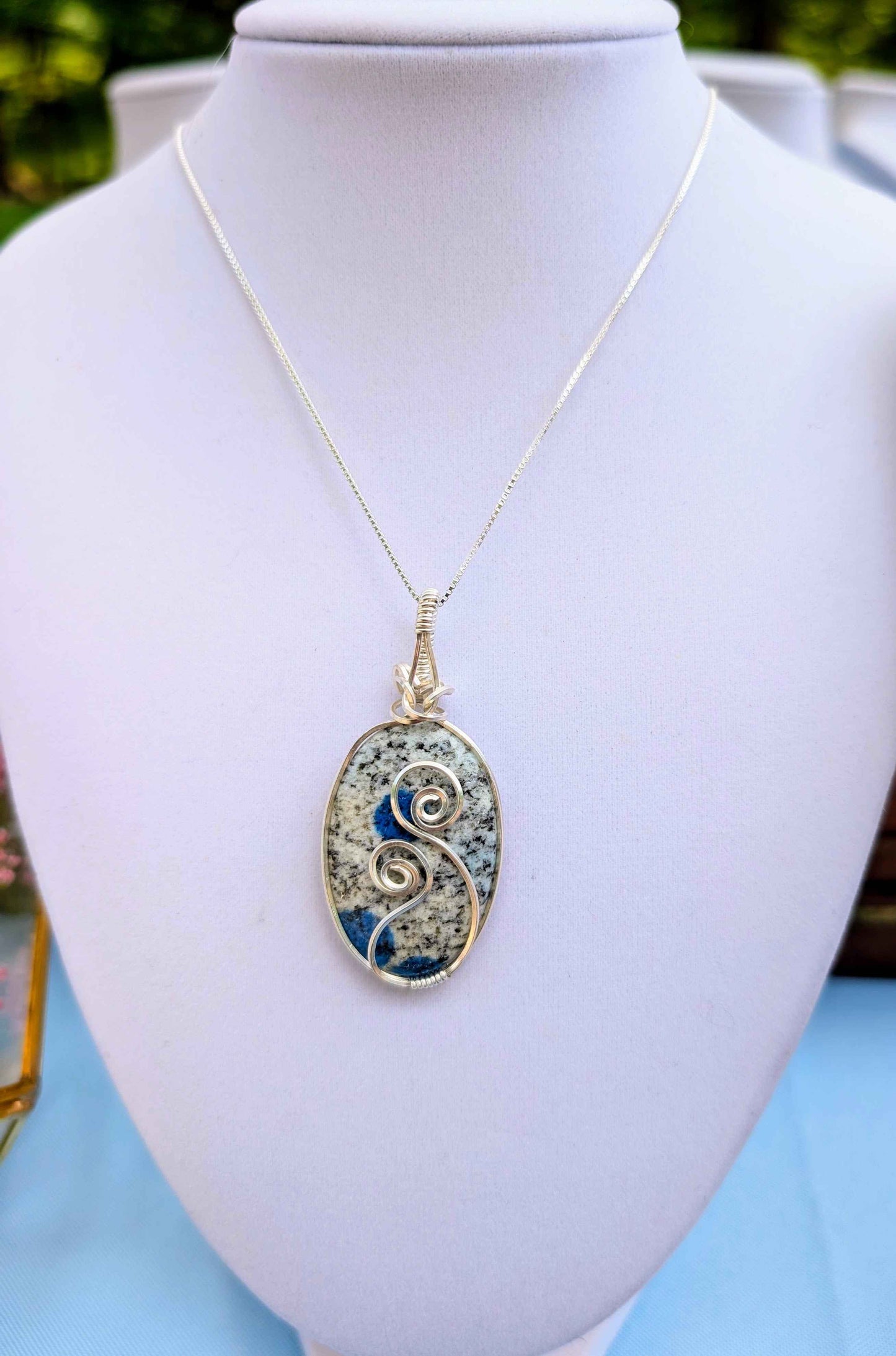 Silver Argentium K2 "Blueberry" Jasper Pendant Necklace – Blue Granite Stone, Crown & Third Eye Clarity
