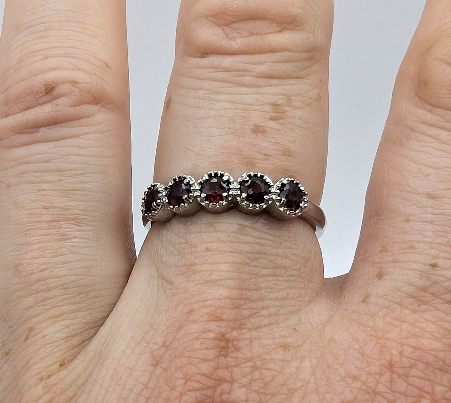 Ring Garnet Band Silver Color Plated Adjustable