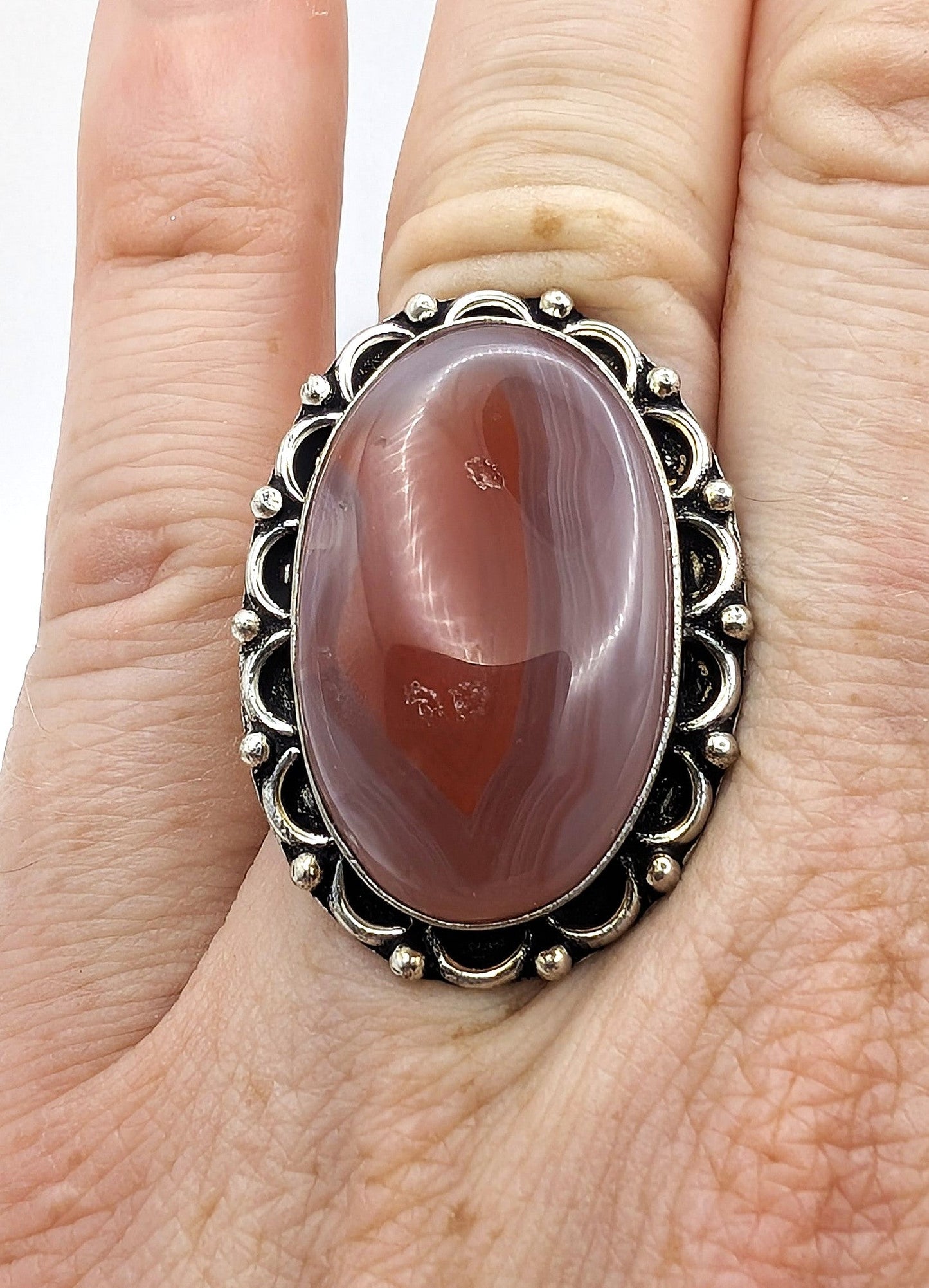 Ring Red Banded Agate Silver Color Plated