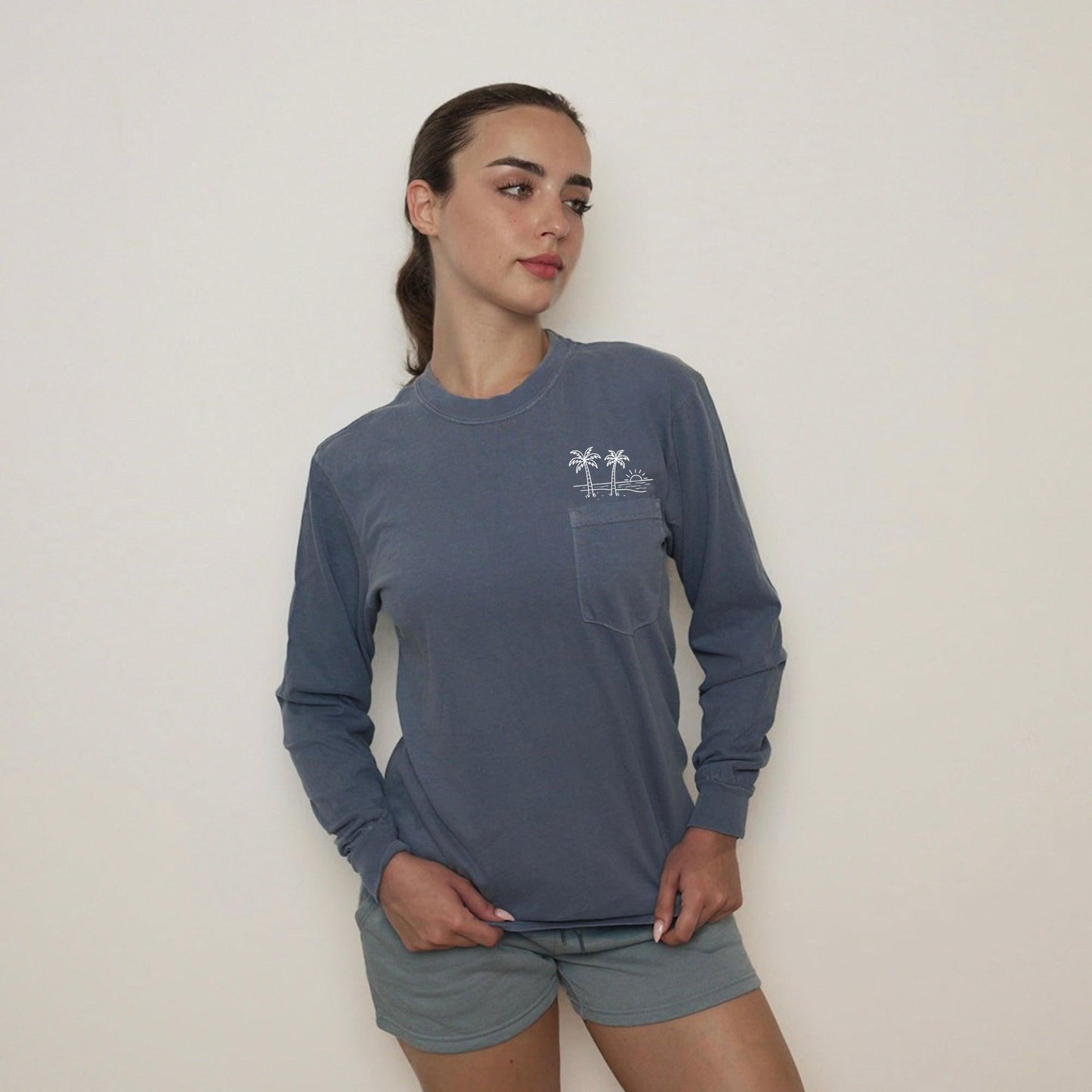 Palm Tree Beach Vacation Pocket Comfort Colors Long Sleeve Shirt