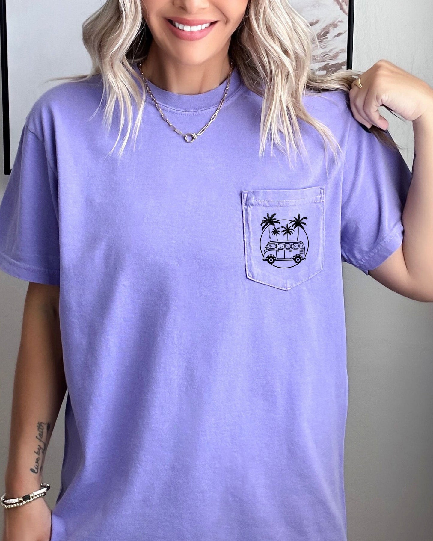 Palm Tree & Camping Car Comfort Colors Pocket T Shirt