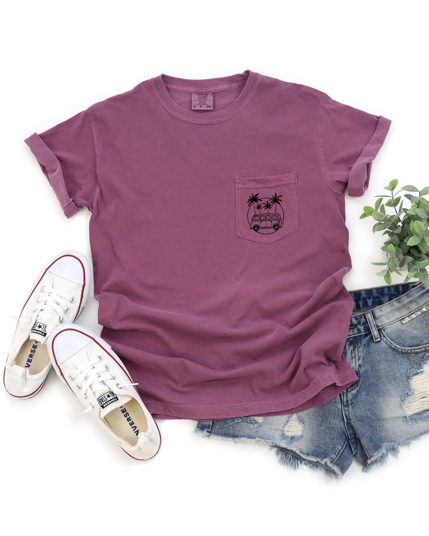 Palm Tree & Camping Car Comfort Colors Pocket T Shirt